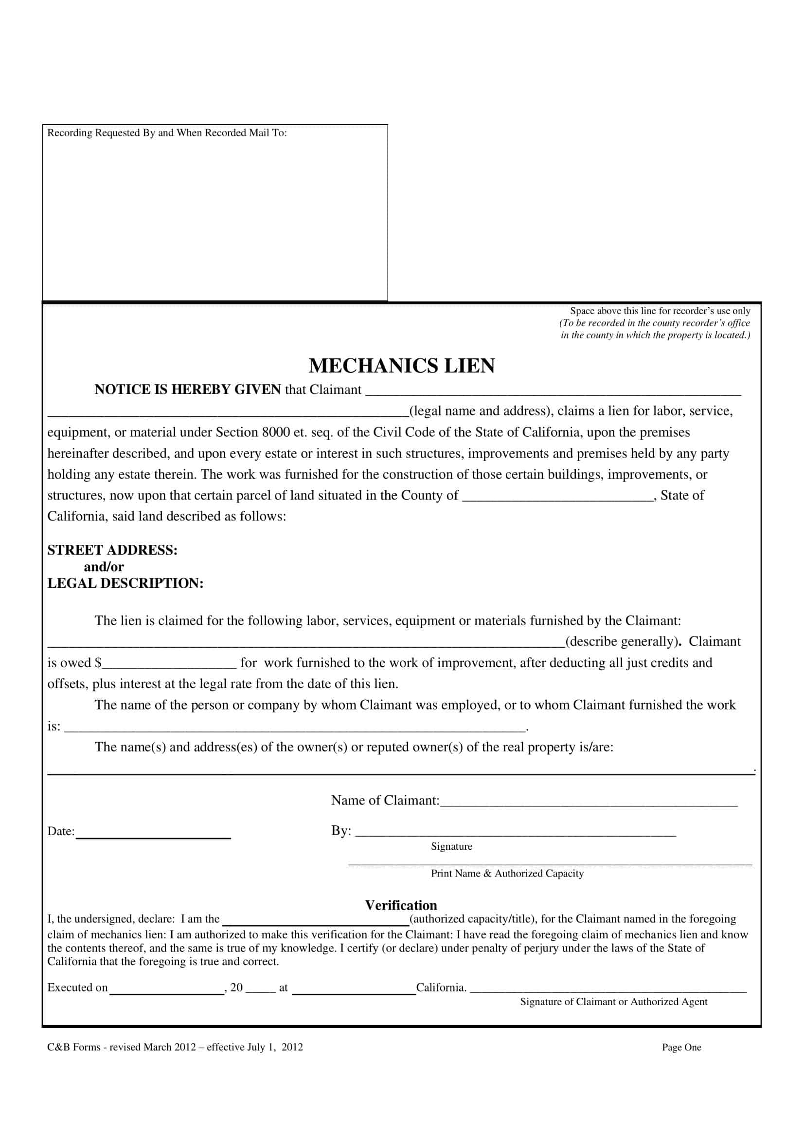 Free Printable Mechanics Lien Templates [PDF, Word]