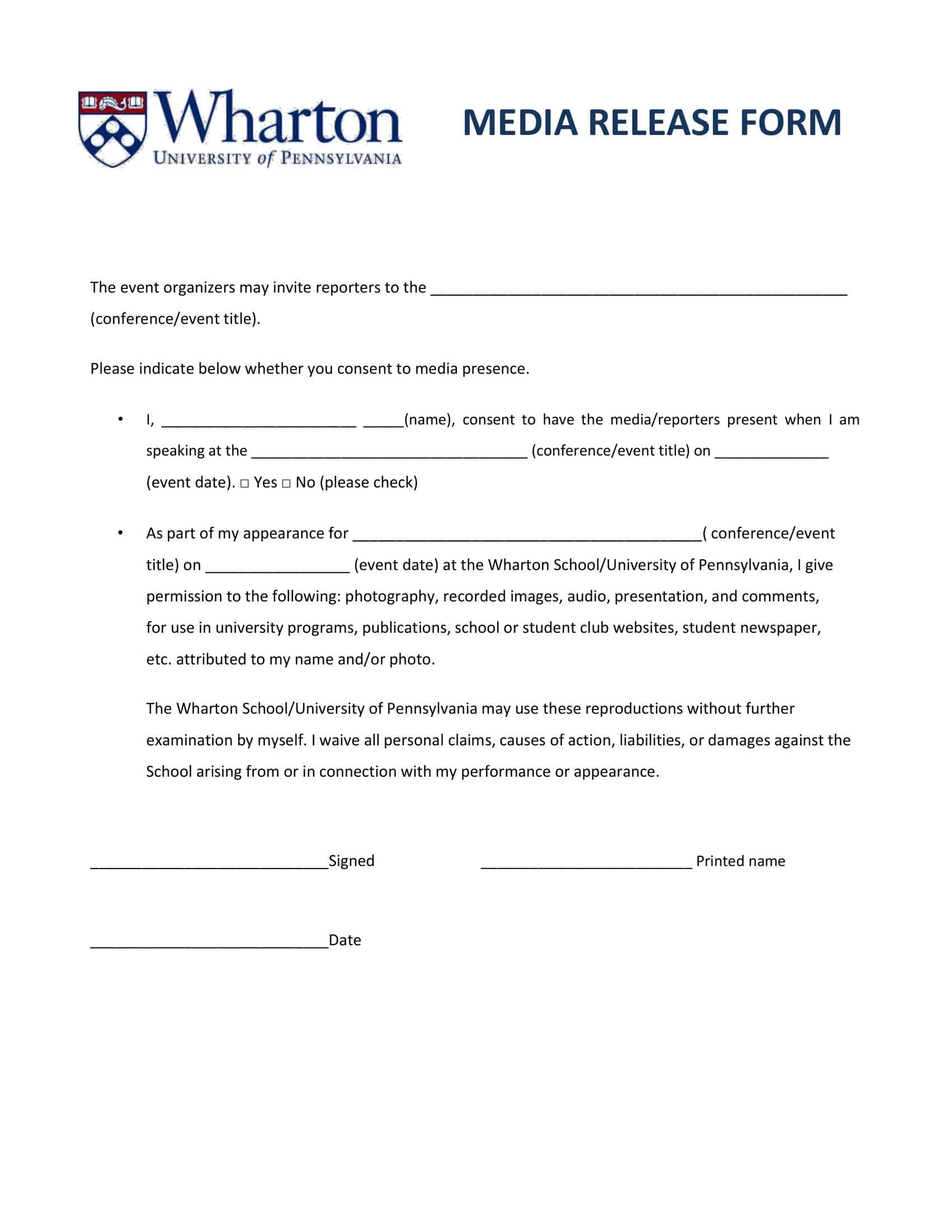 Free Printable Media Release Form Templates PDF Word Free Printable Media Release Form Templates PDF Word
