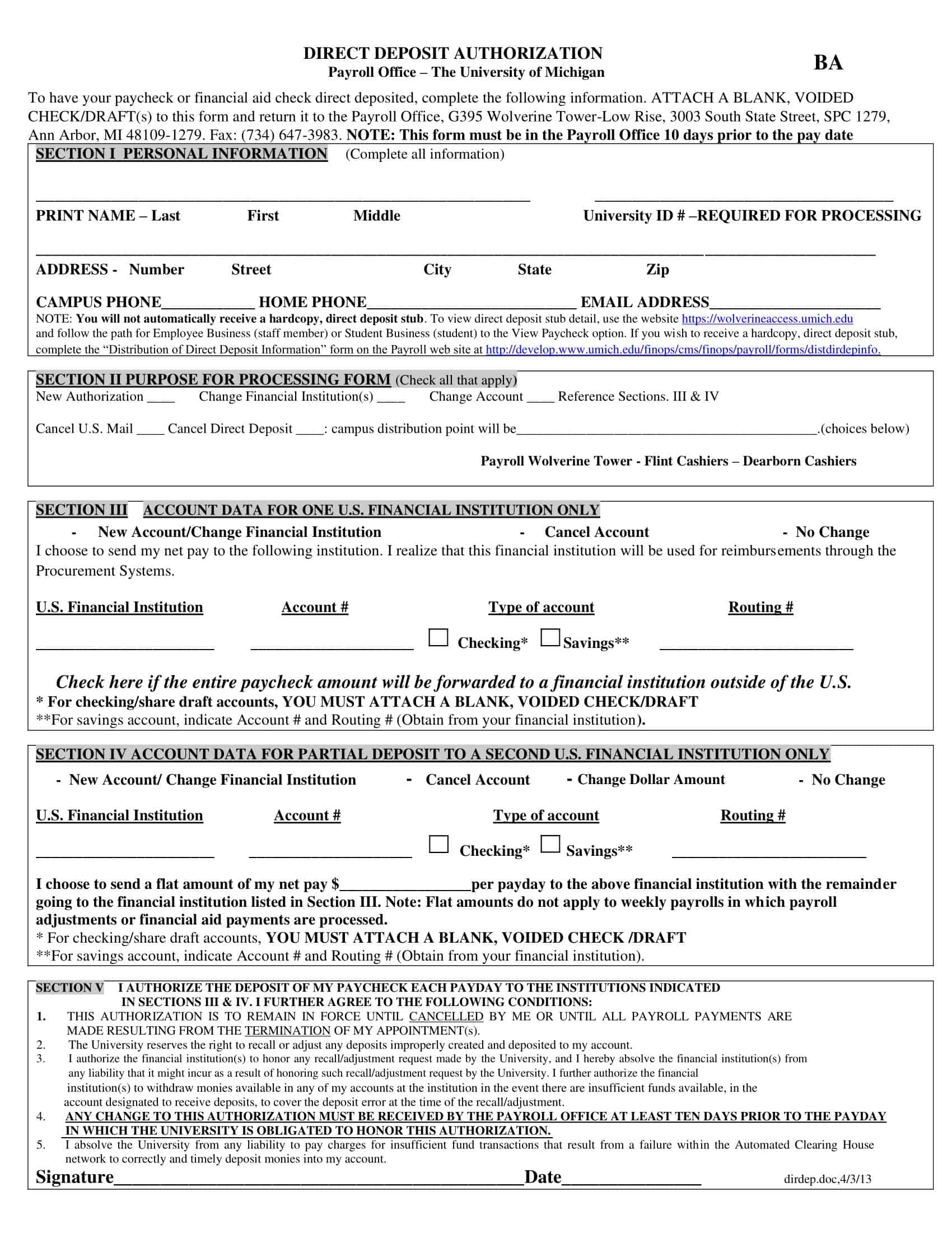 Printable Direct Deposit Authorization Form Printable Direct Deposit Authorization Form