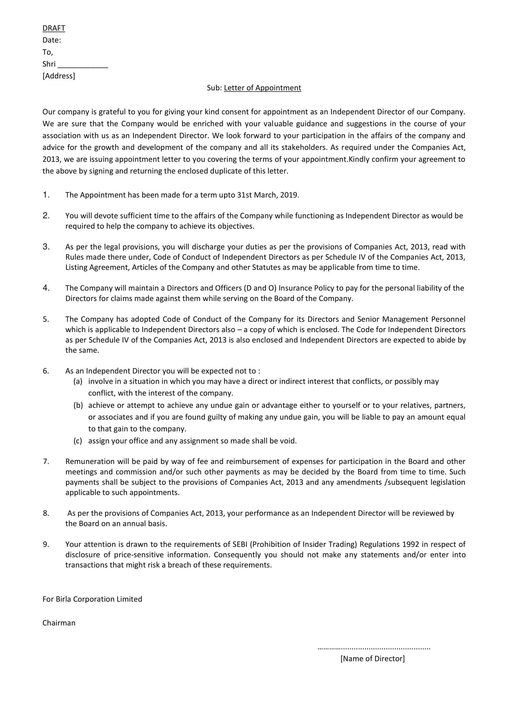 Sample Appointment Letter Sample Appointment Letter