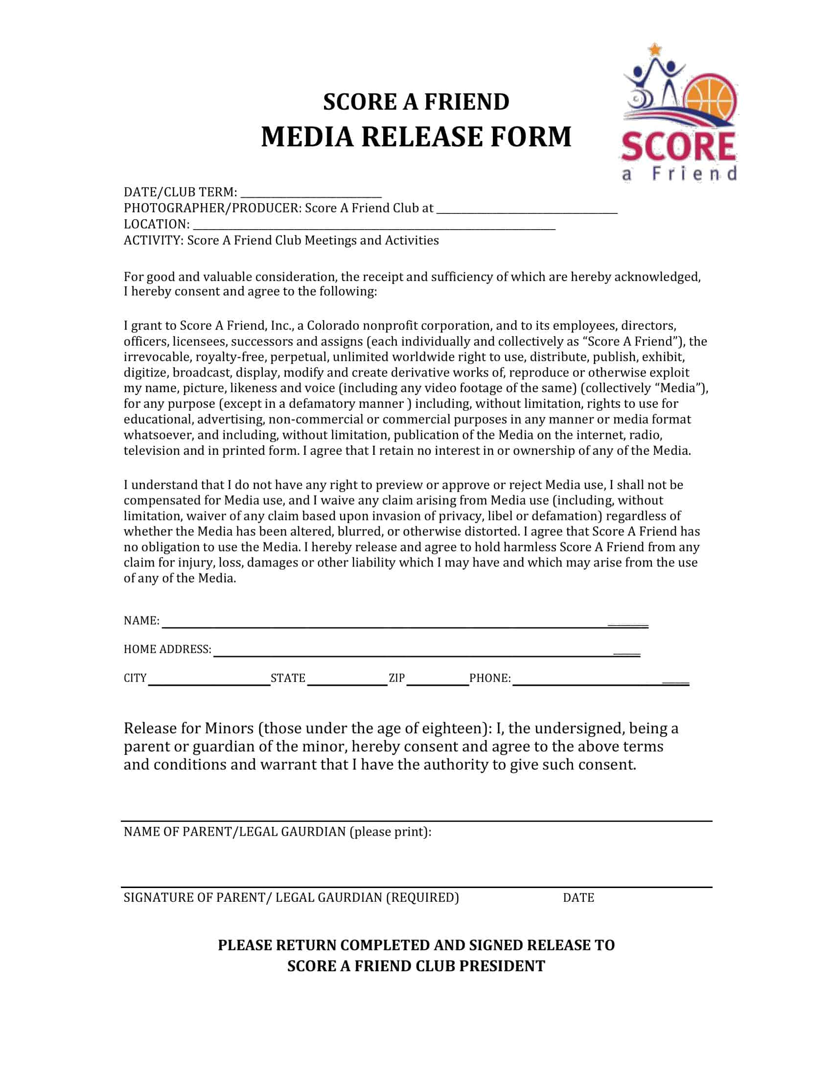 Template for Media Release Form Template for Media Release Form