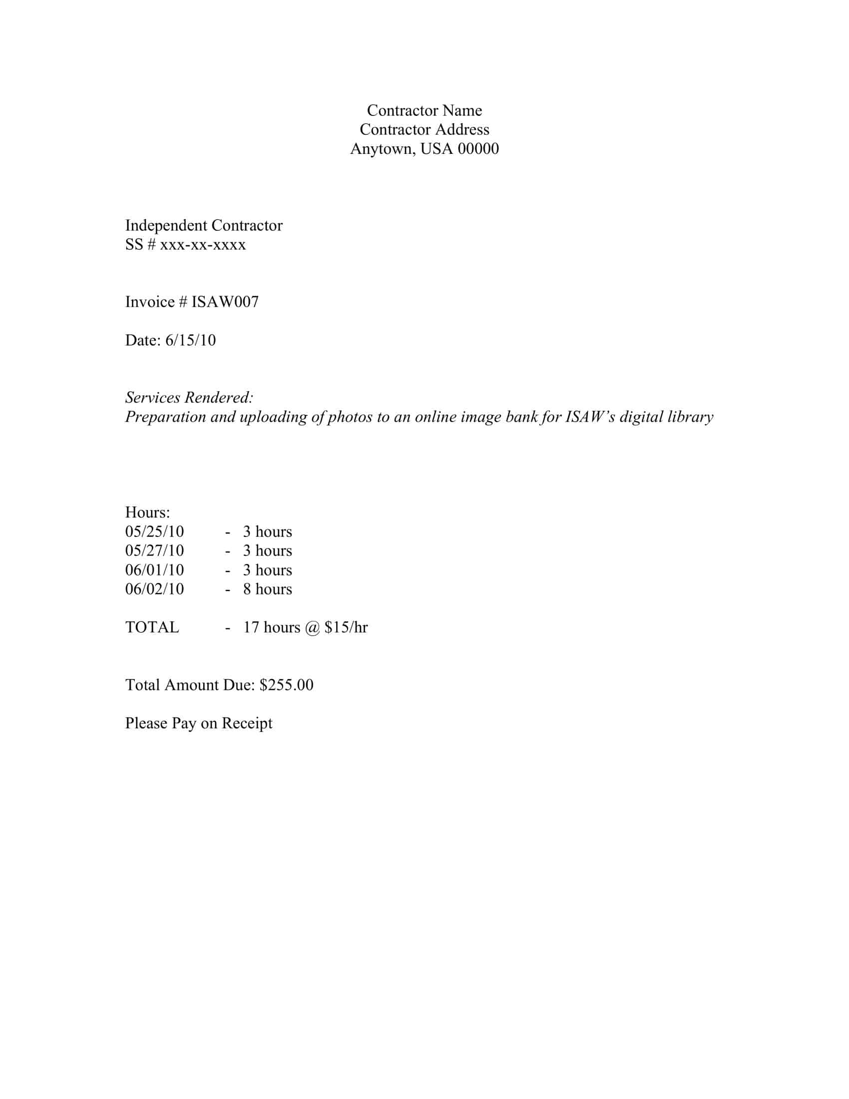 Word Example Contractor Invoice Word Example Contractor Invoice