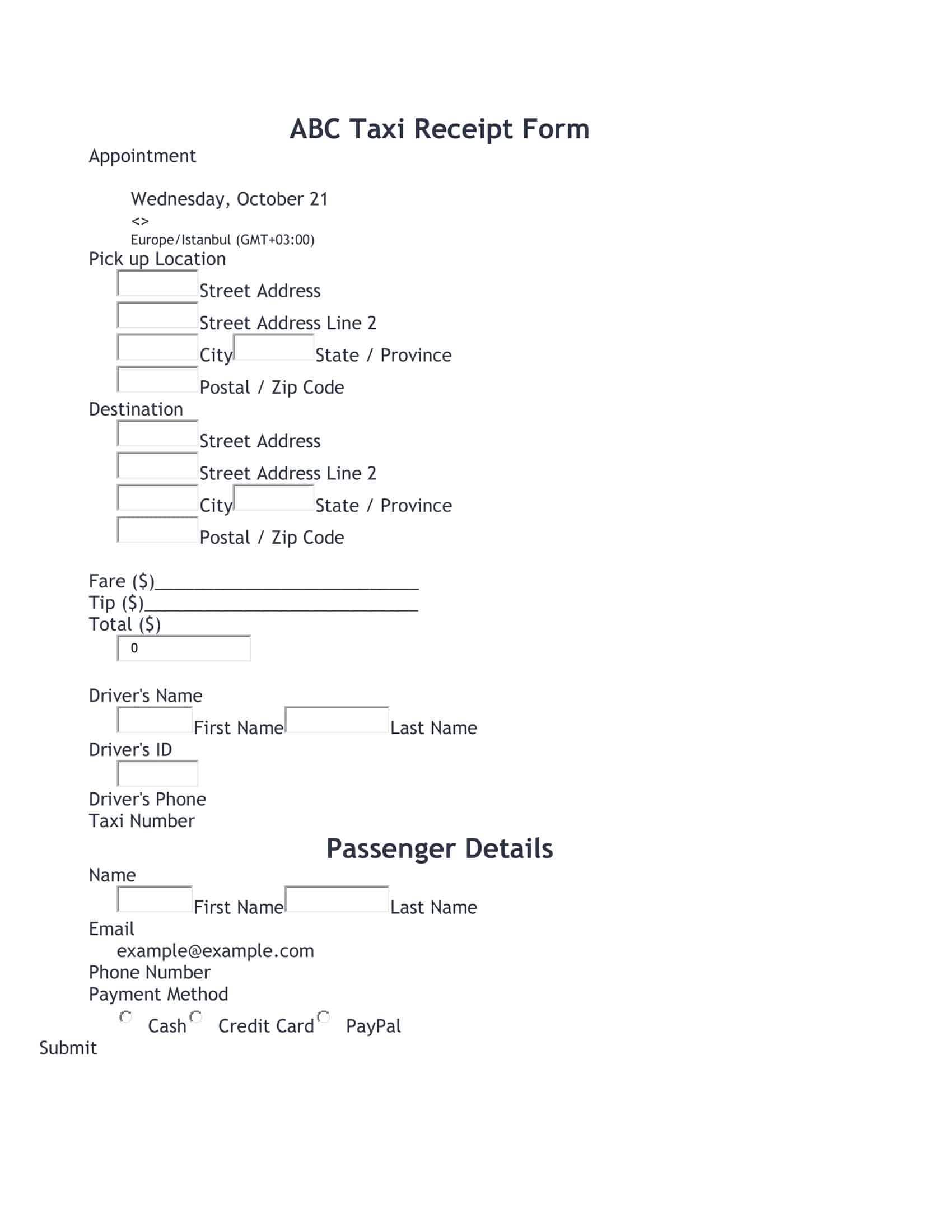 Word Printable Taxi Receipt Word Printable Taxi Receipt