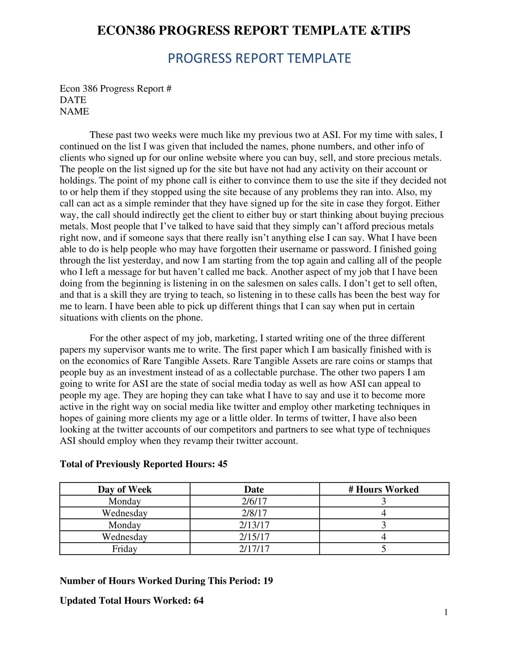 Word Progress Report Word Progress Report