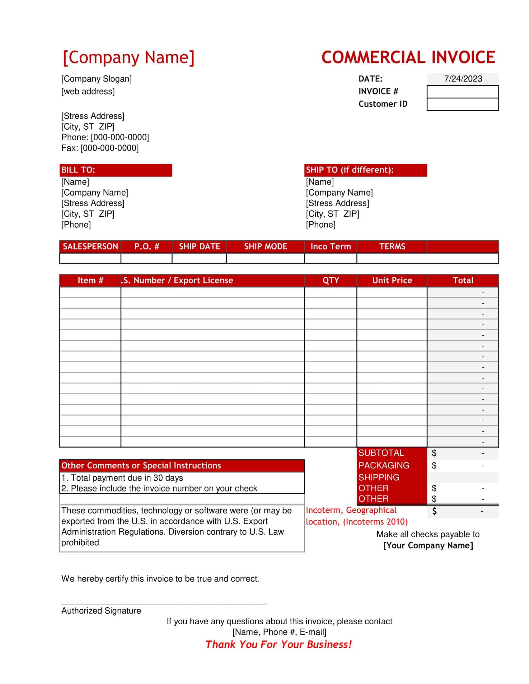 Free Printable Commercial Invoice Templates Word PDF Excel Free Printable Commercial Invoice Templates Word PDF Excel