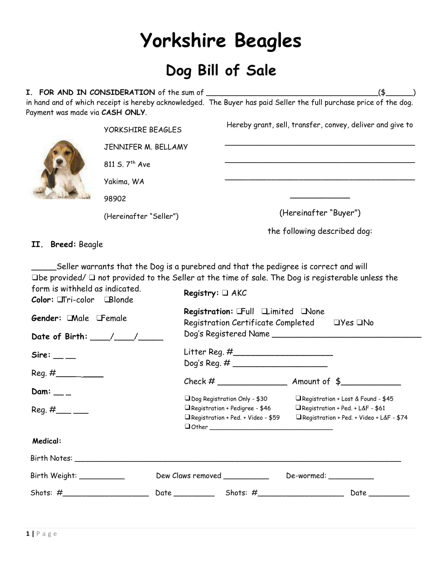 Blank Dog Bill of Sale Blank Dog Bill of Sale