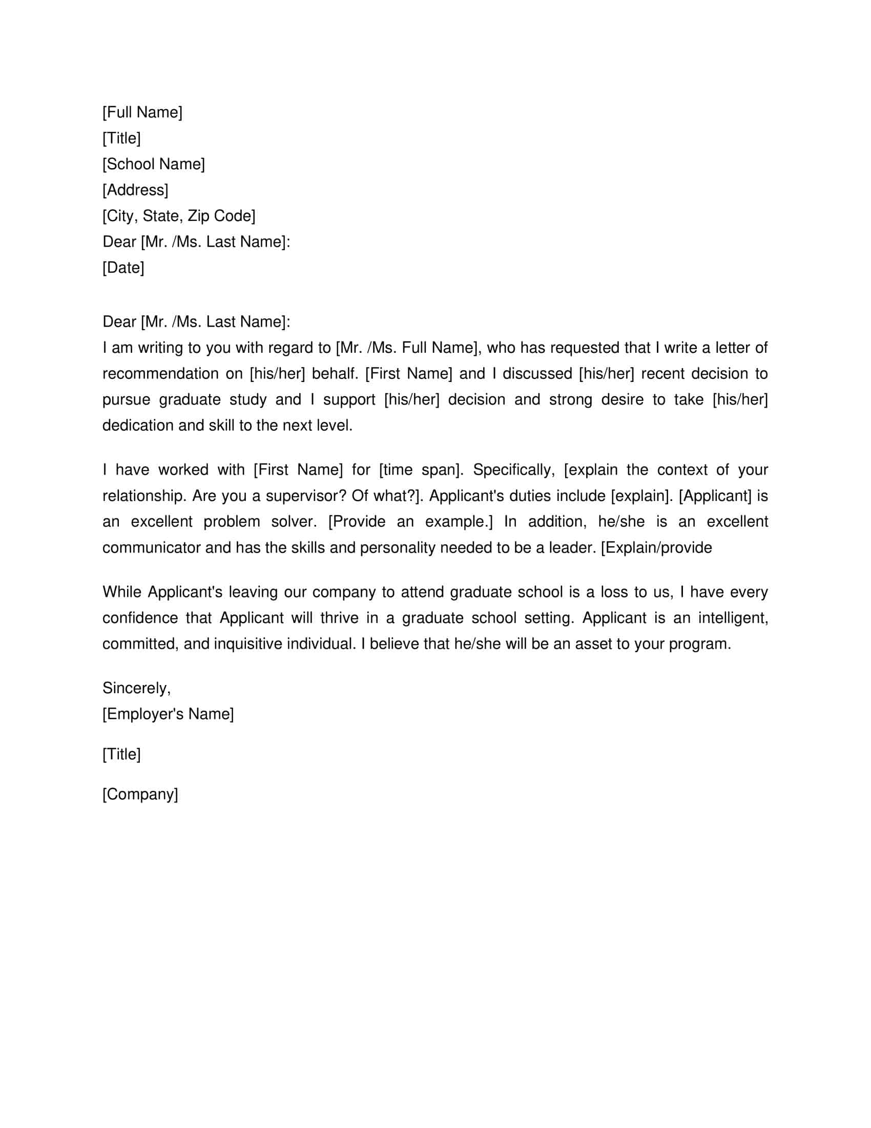 Blank Letter Of Recommendation For Graduate School Blank Letter Of Recommendation For Graduate School