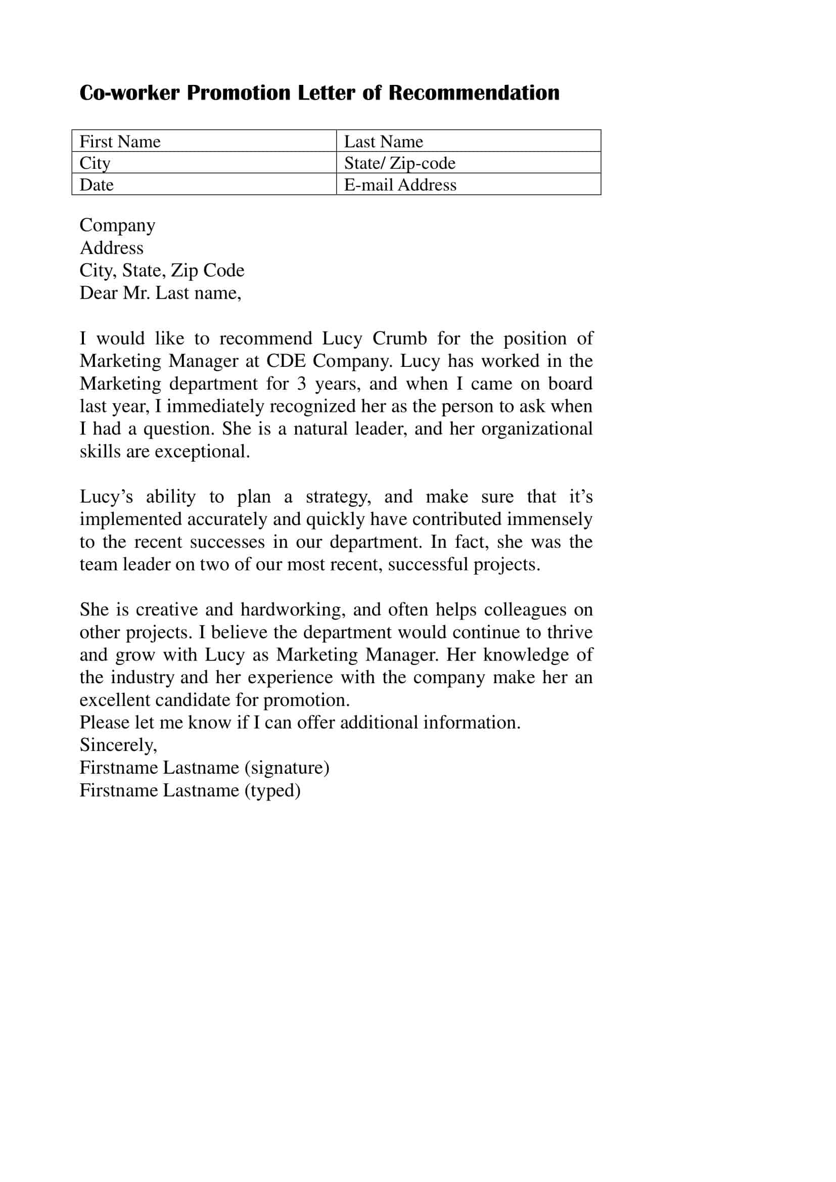 Blank Letter of Recommendation for Coworker Blank Letter of Recommendation for Coworker