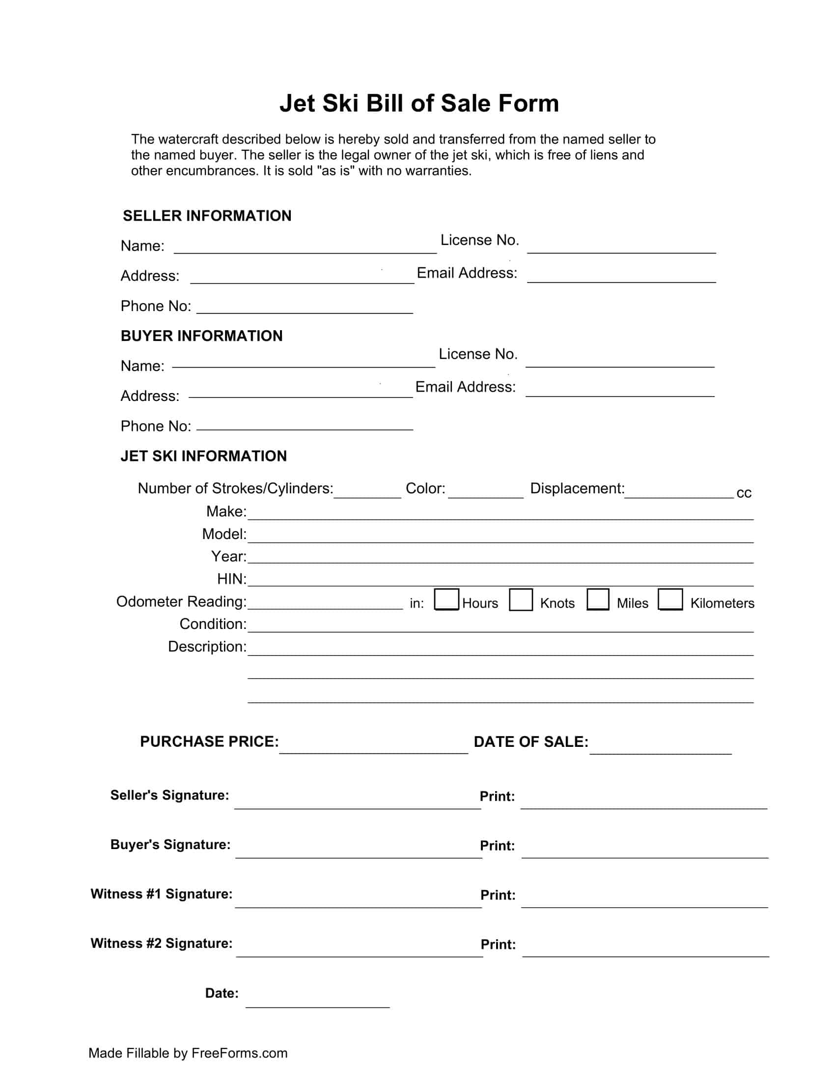 Blank PDF Jet Ski Bill of Sale Blank PDF Jet Ski Bill of Sale