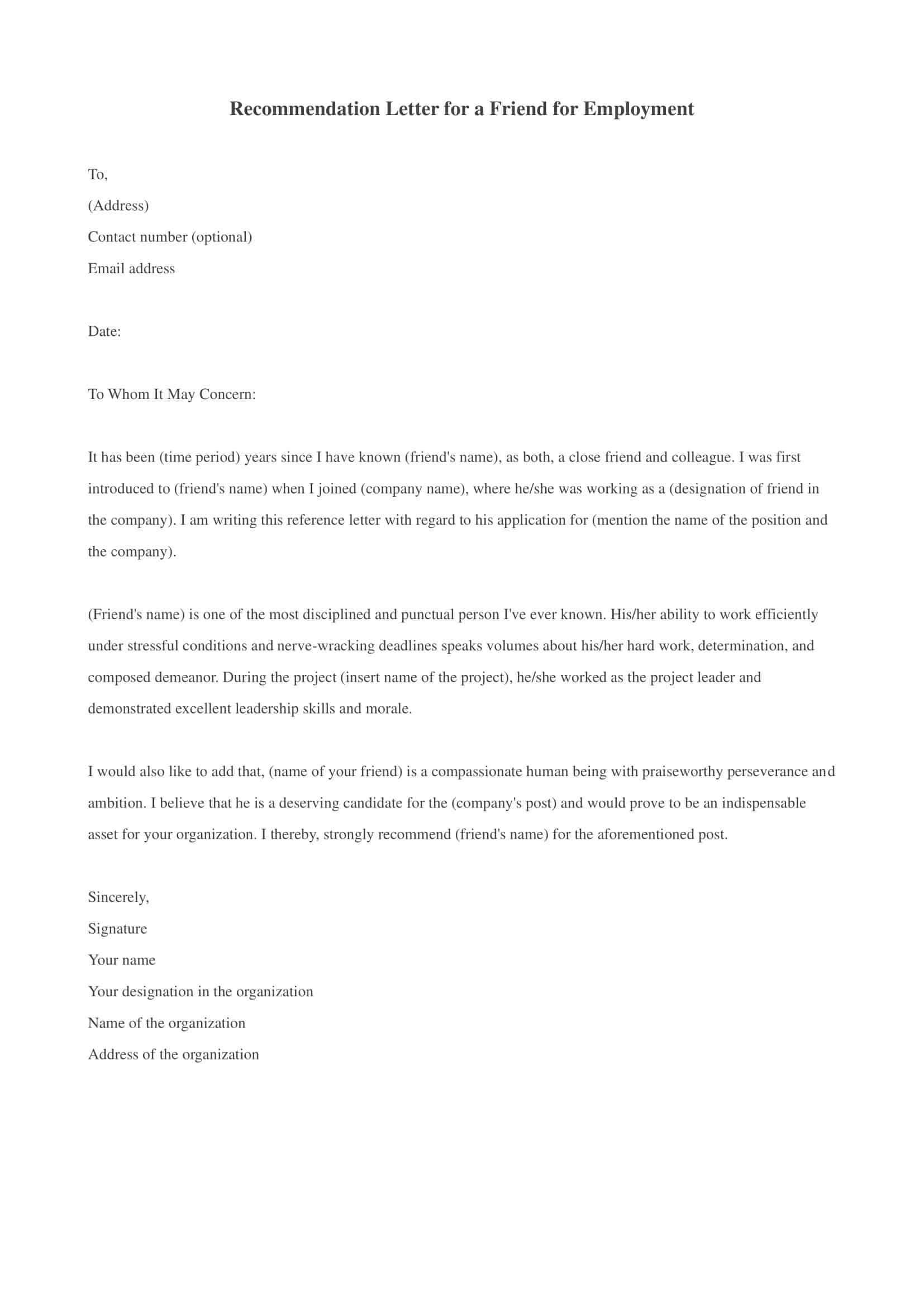 Blank PDF Letter of Recommendation For A Friend Blank PDF Letter of Recommendation For A Friend