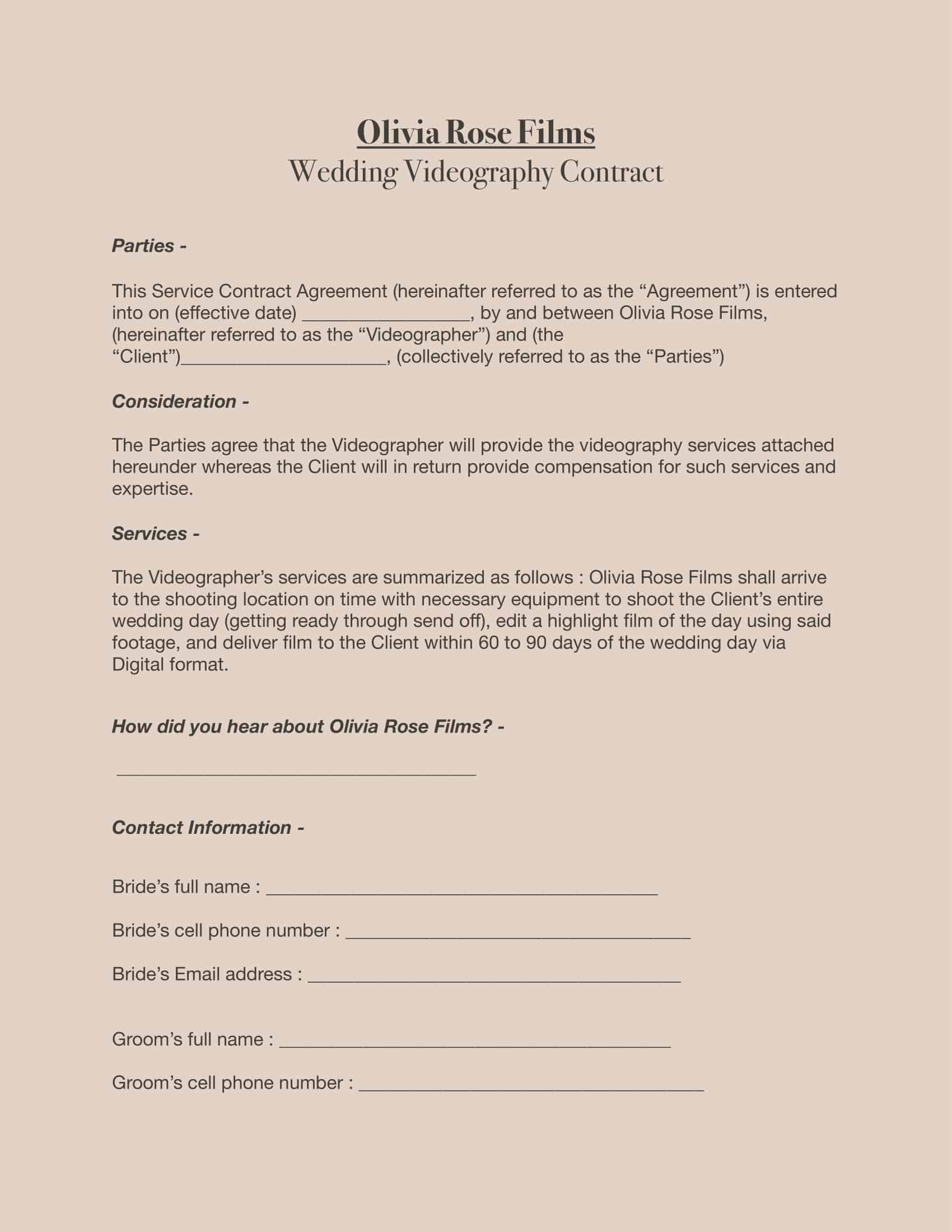 Blank PDF Wedding Videography Contract Blank PDF Wedding Videography Contract
