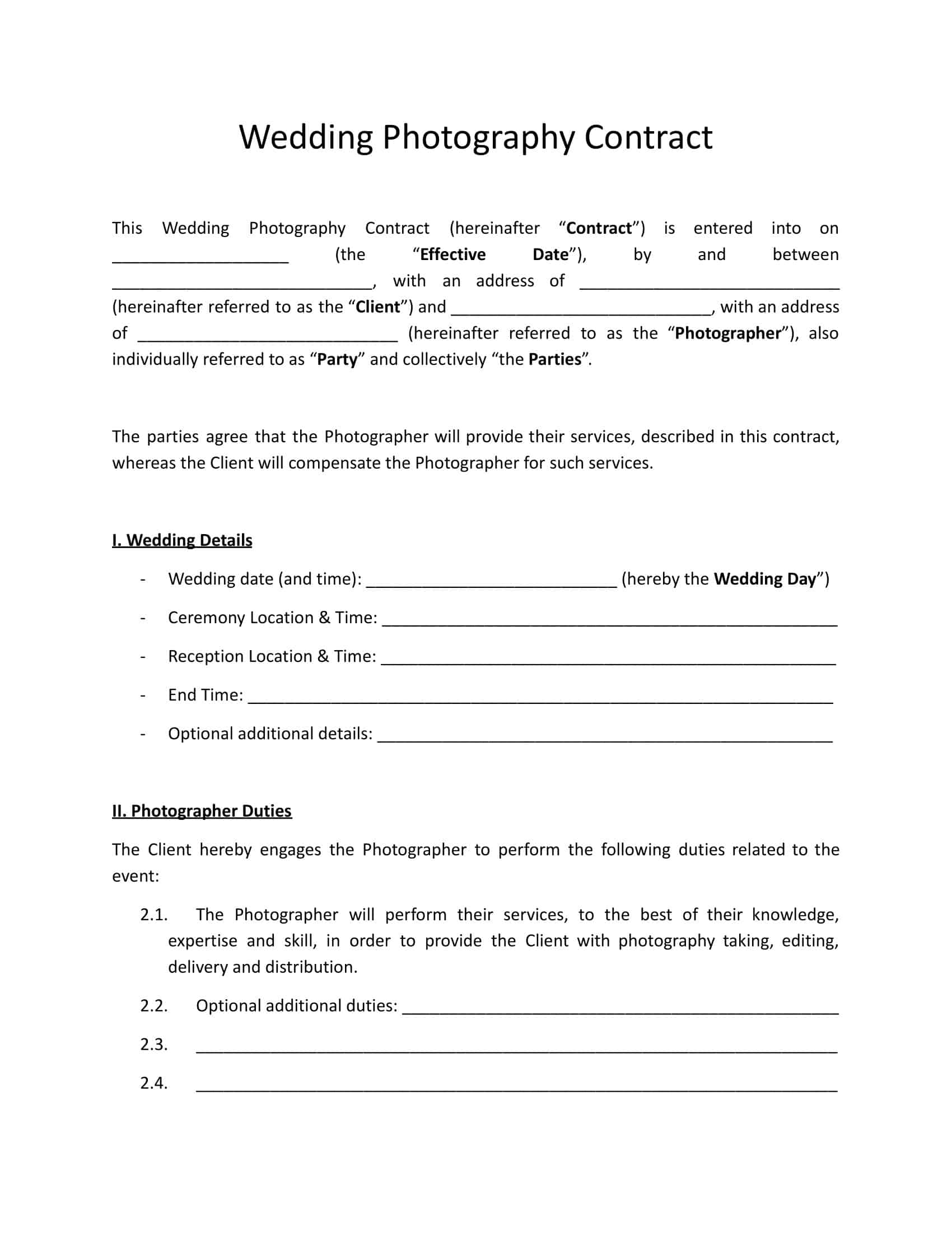 Blank Wedding Photography Contract Blank Wedding Photography Contract