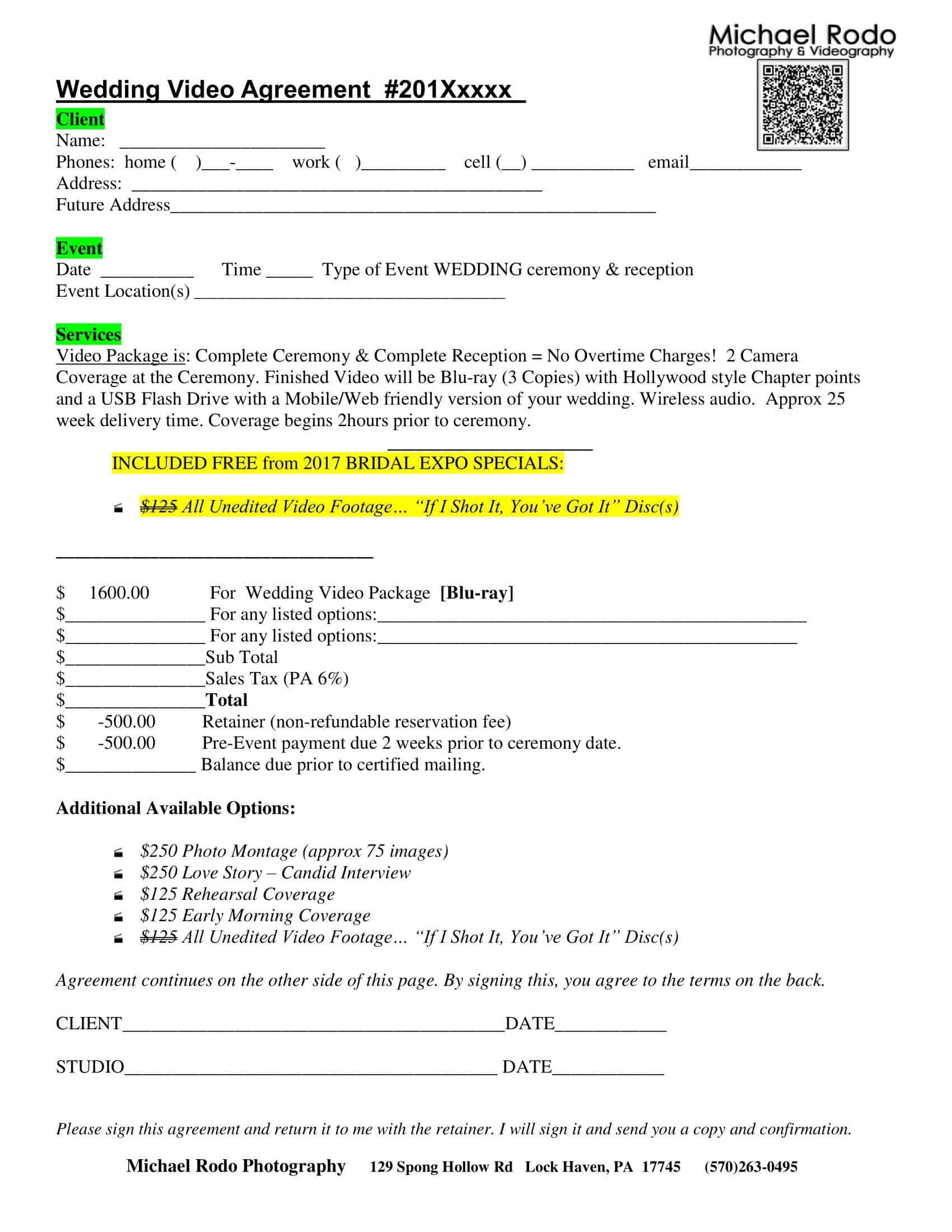 Blank Wedding Videography Contract Blank Wedding Videography Contract