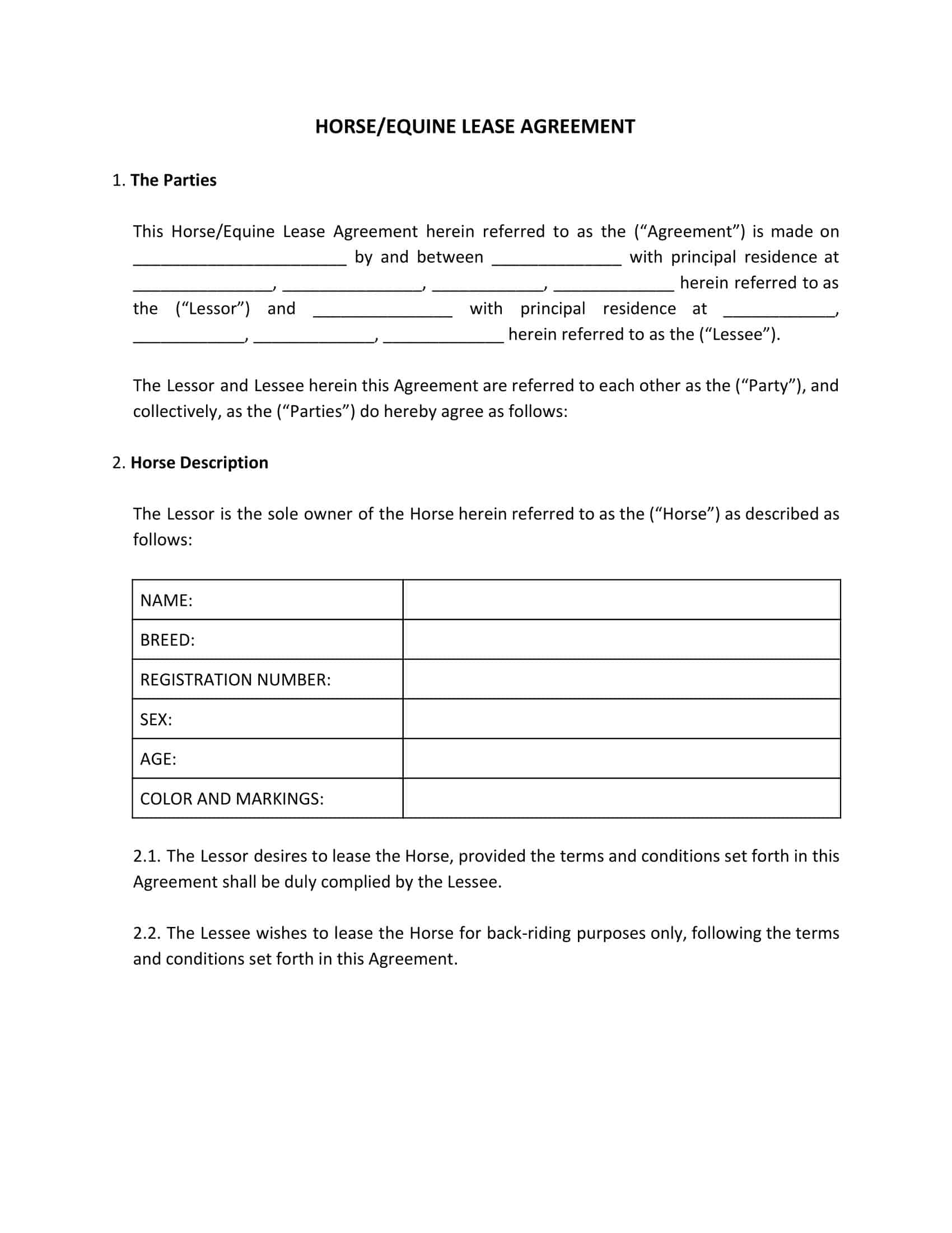 Blank Word Horse Lease Agreement Blank Word Horse Lease Agreement