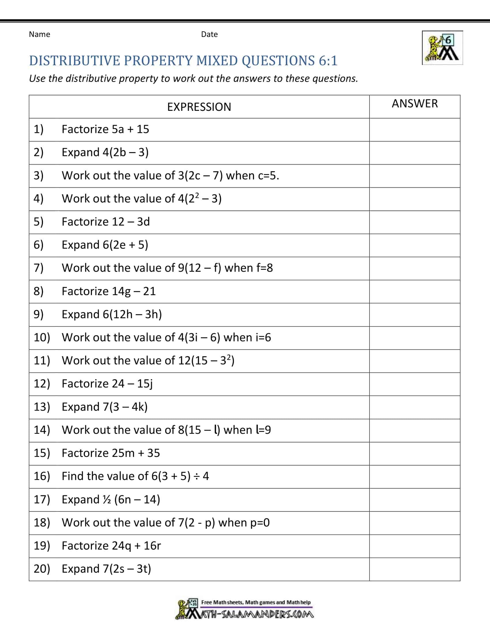 Distributive Property Worksheet Excel Distributive Property Worksheet Excel