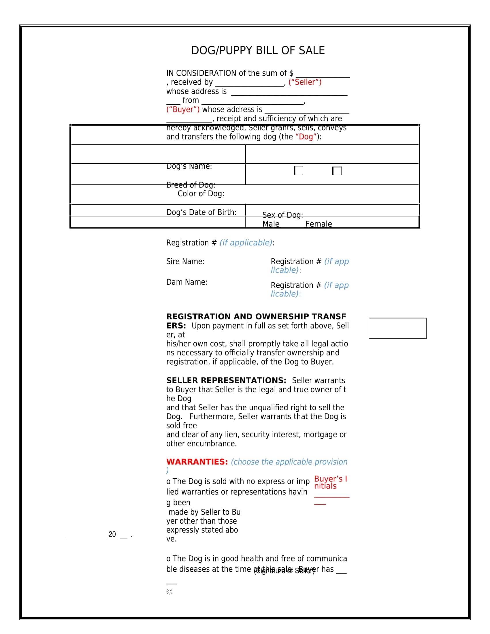 Dog Bill of Sale Template Word Dog Bill of Sale Template Word
