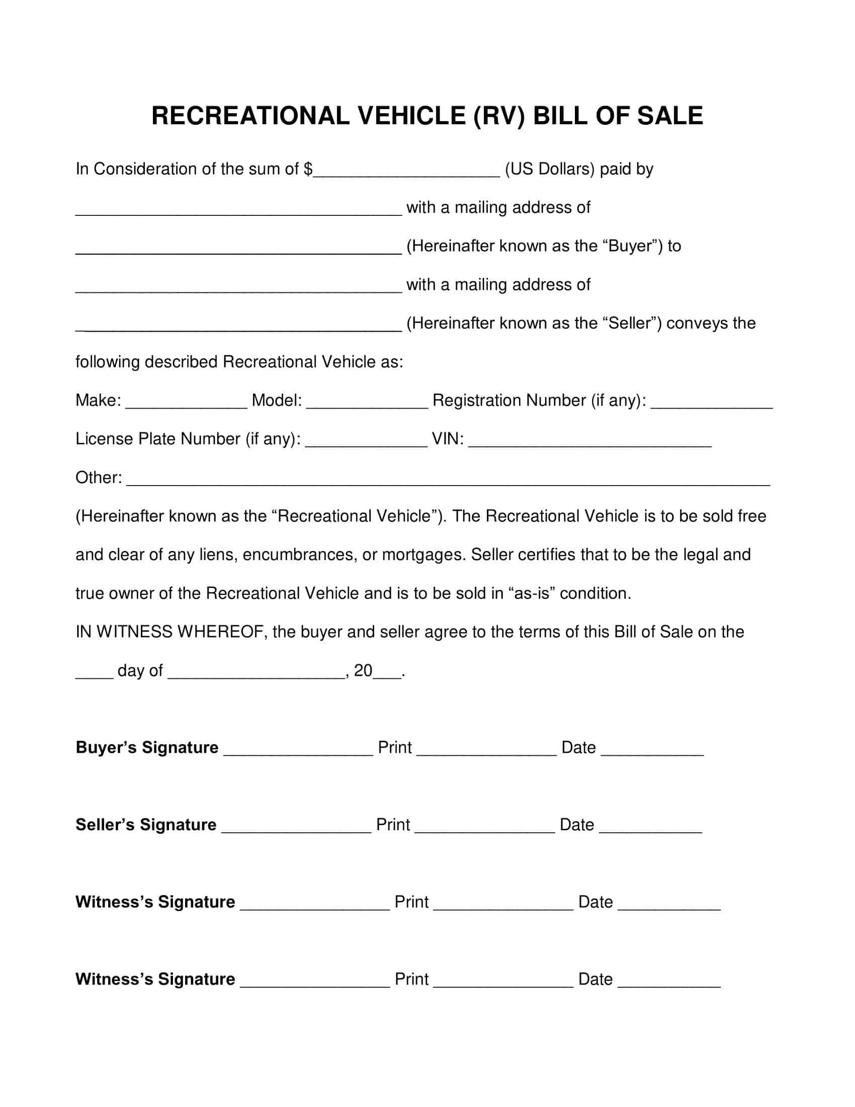 Download RV Bill of Sale Download RV Bill of Sale