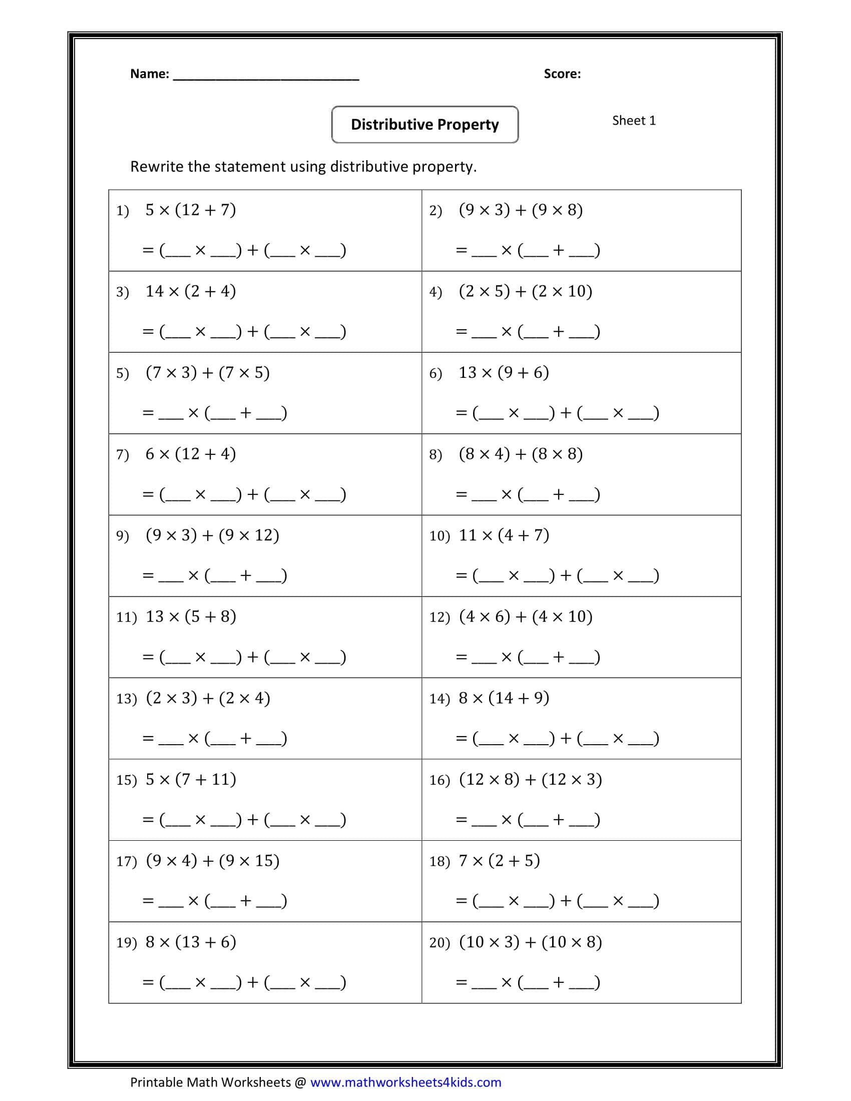 Free Printable Distributive Property Worksheet Templates [Answers]