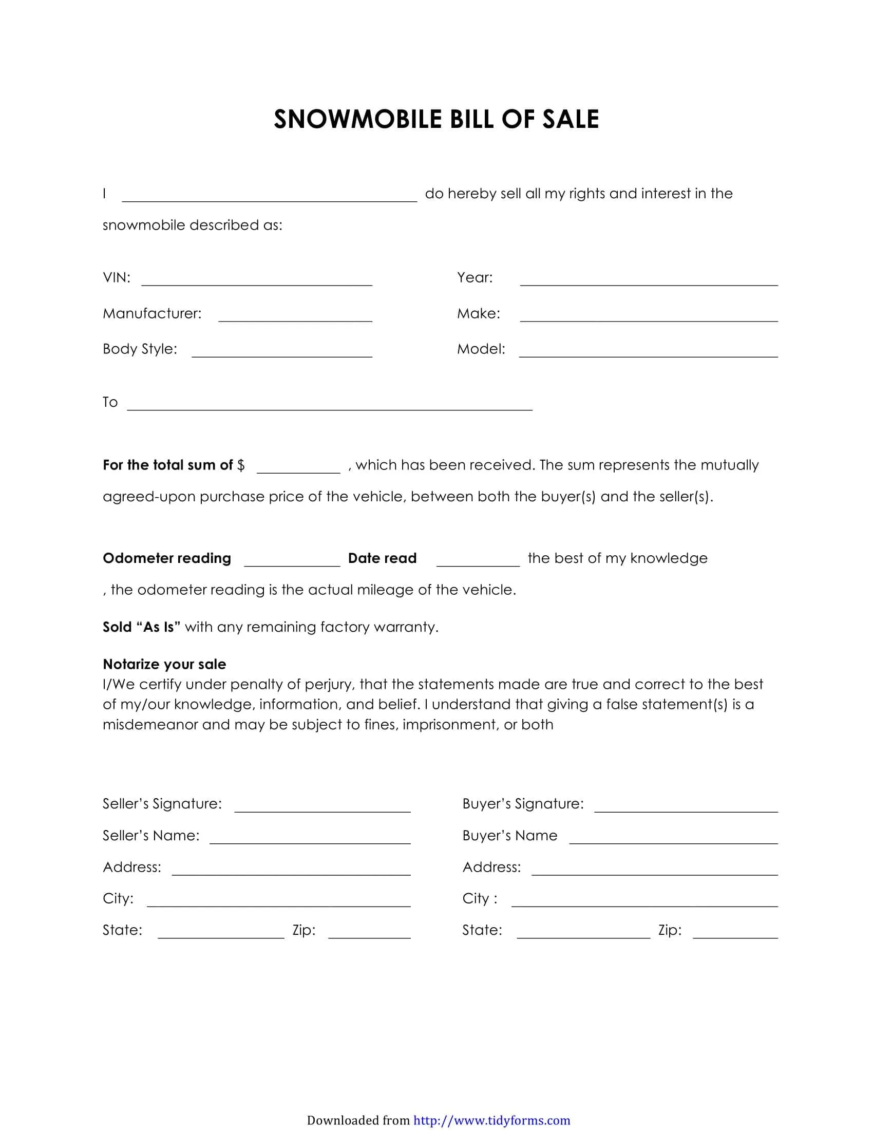 Downloadable Snowmobile Bill of Sale Template Downloadable Snowmobile Bill of Sale Template