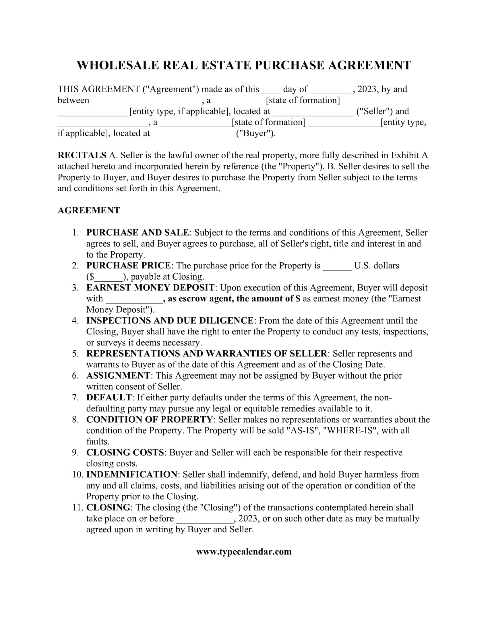 Free Printable Wholesale Real Estate Contract Templates PDF Example