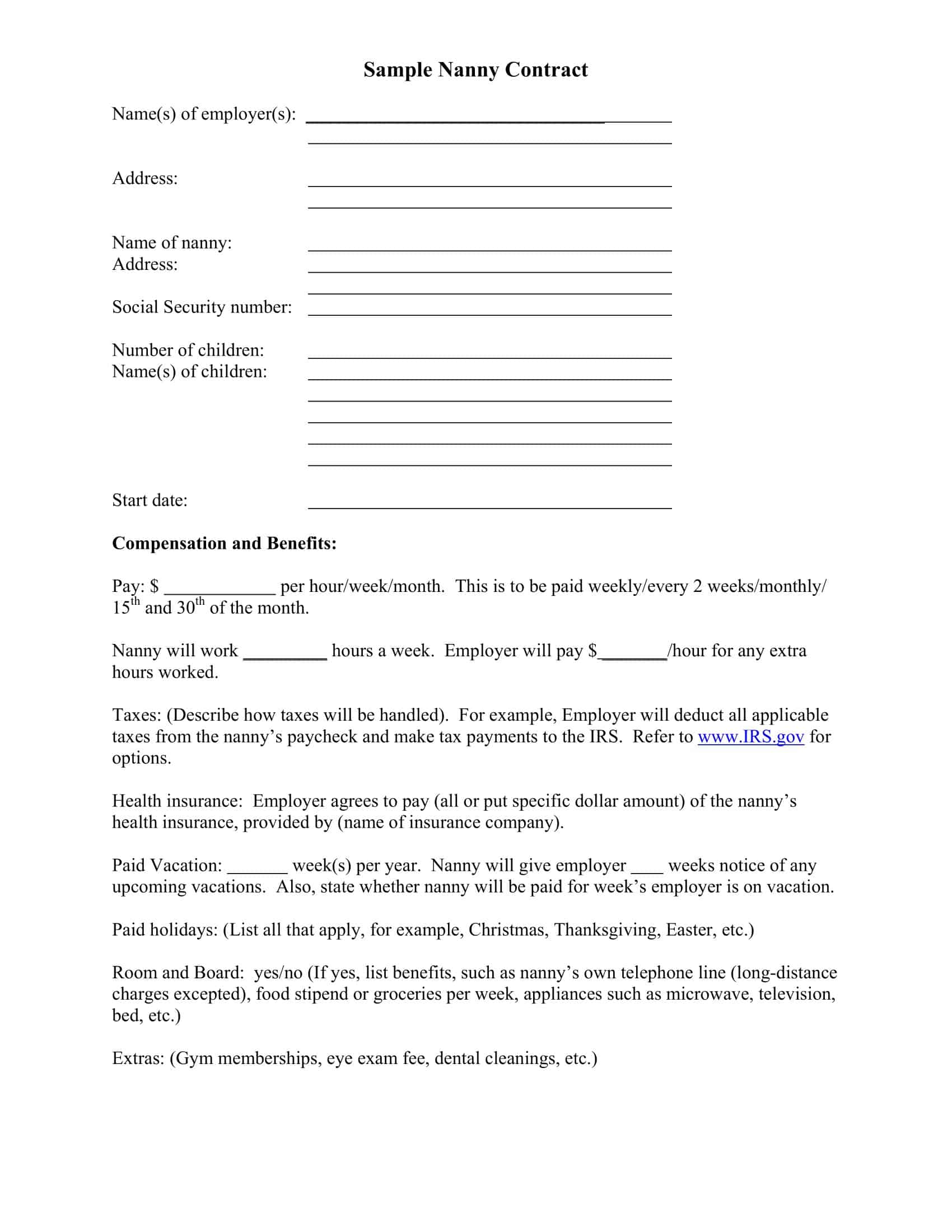 Editable Example Nanny Contract Editable Example Nanny Contract