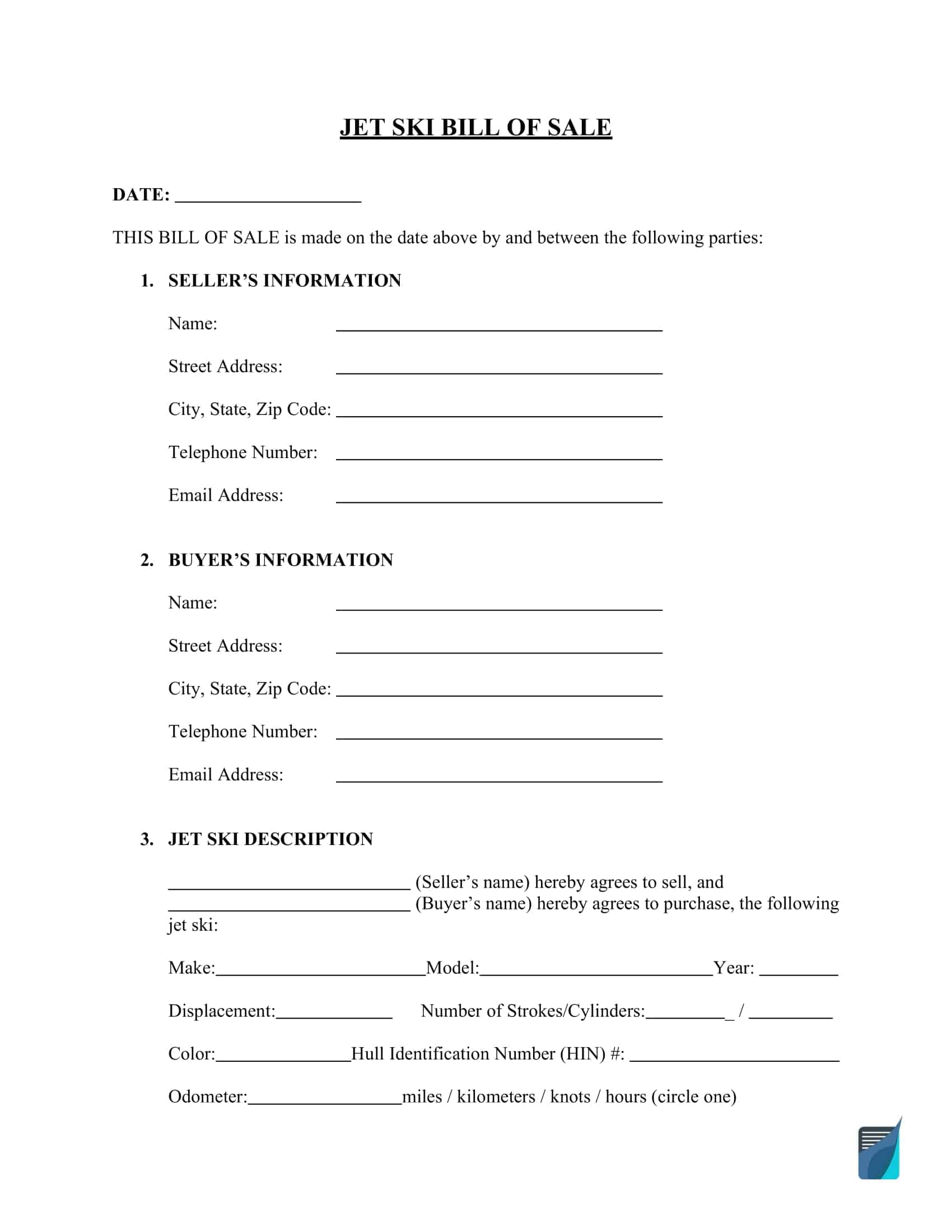Editable PDF Jet Ski Bill of Sale Editable PDF Jet Ski Bill of Sale