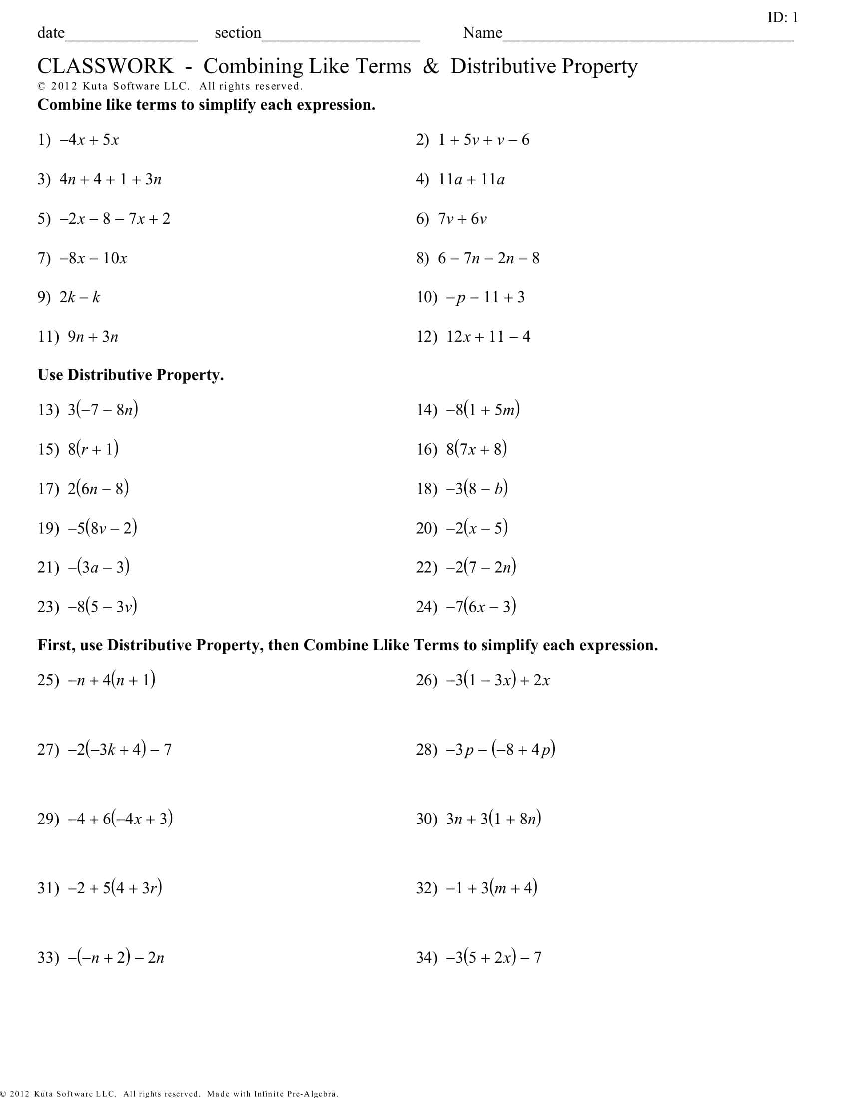 Free Printable Distributive Property Worksheet Templates [Answers]