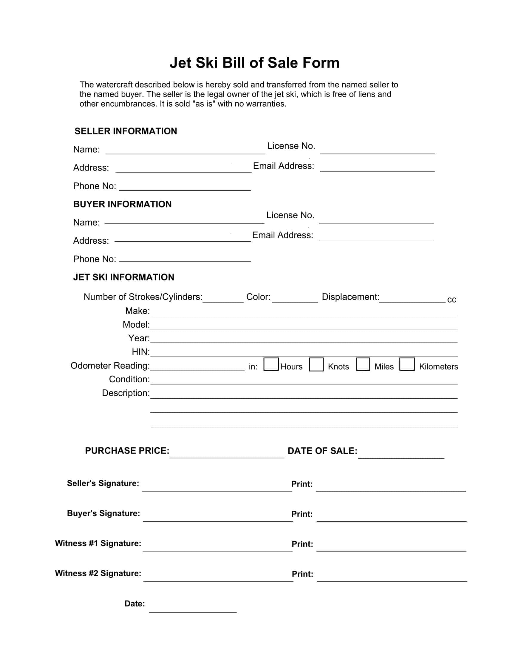 Example Editable Jet Ski Bill of Sale Example Editable Jet Ski Bill of Sale