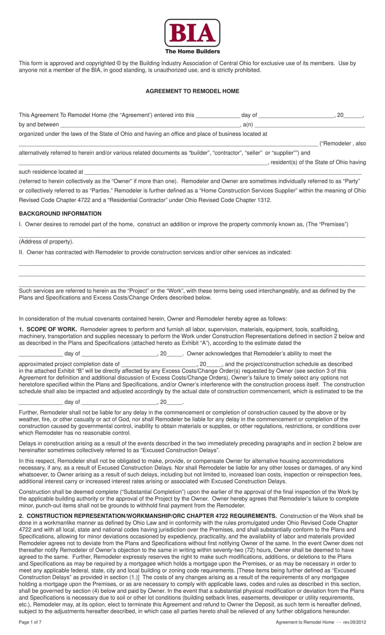 Example Editable Remodeling Contract Example Editable Remodeling Contract