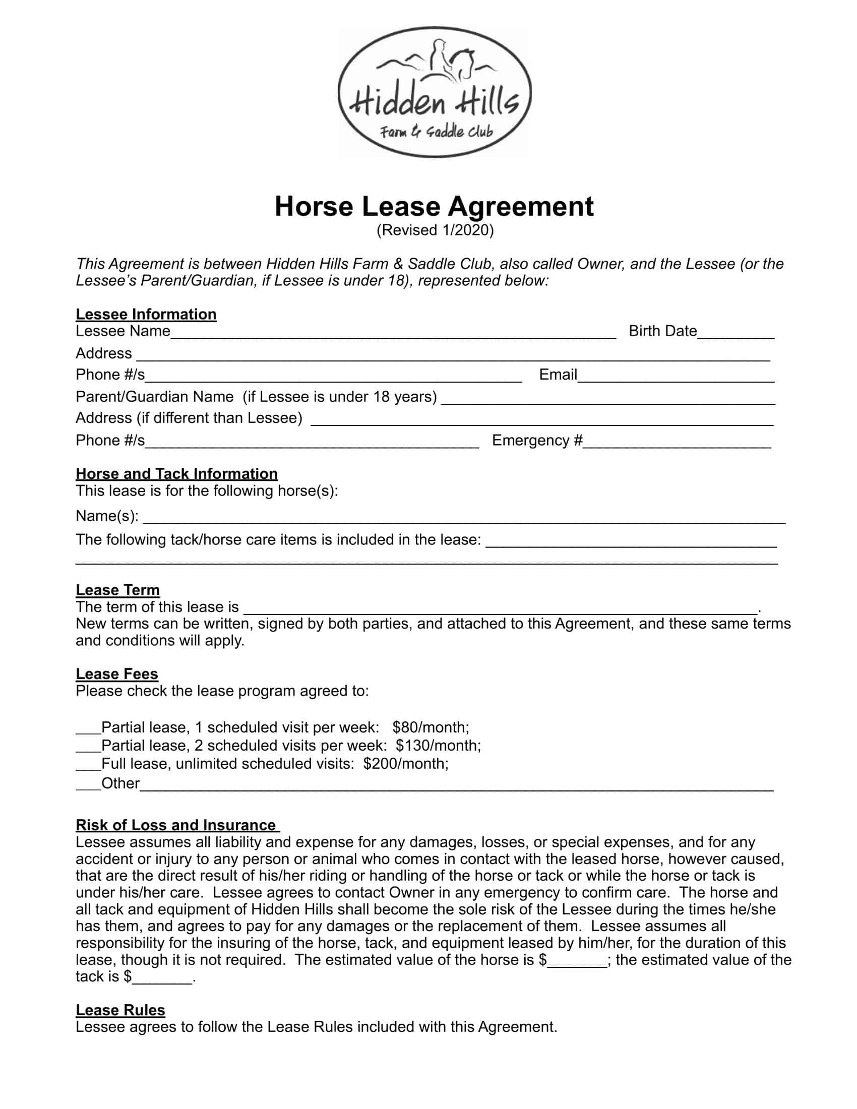 Horse Lease Agreement Template Horse Lease Agreement Template