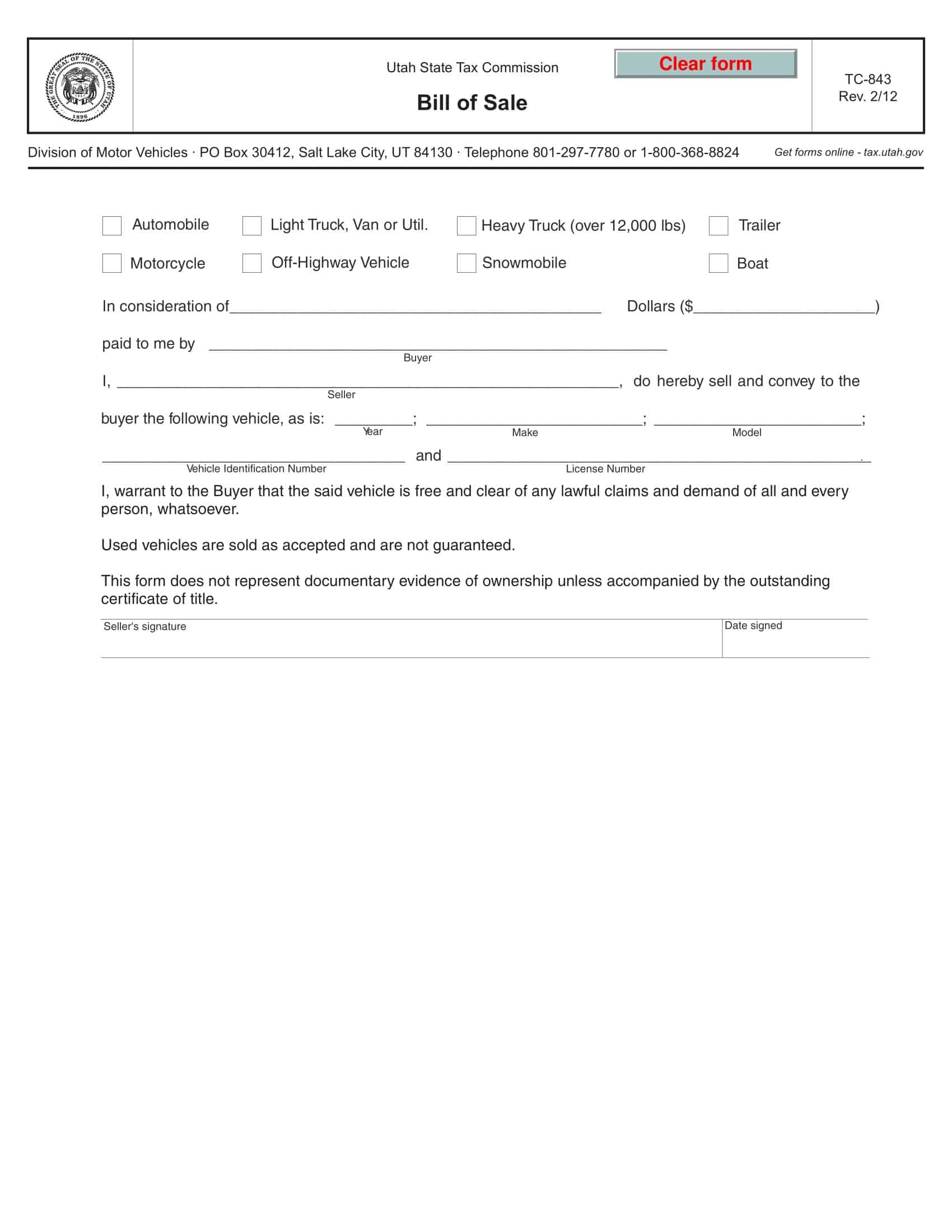 Example Printable ATV Bill of Sale Example Printable ATV Bill of Sale