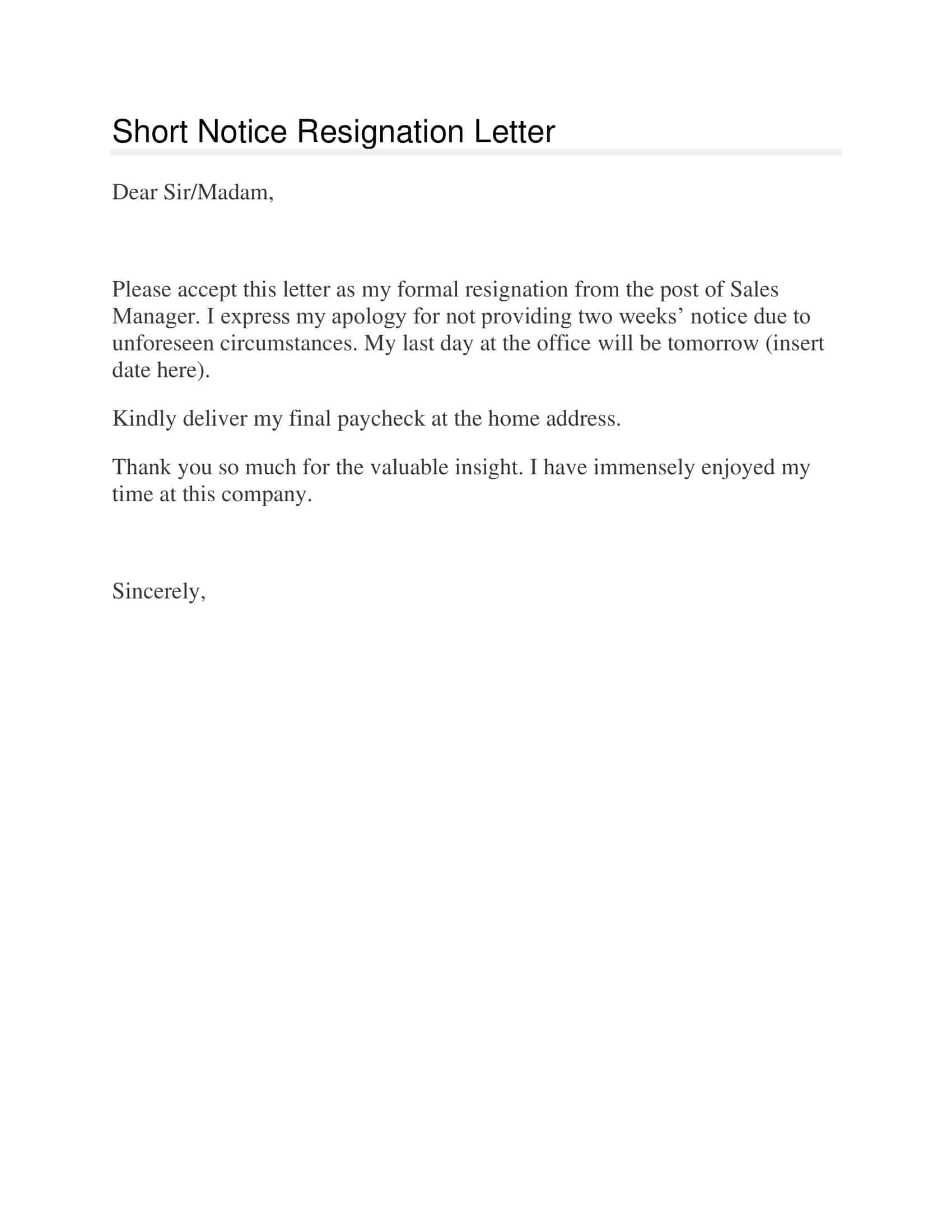 Free Printable Short Notice Resignation Letter Templates PDF Word 