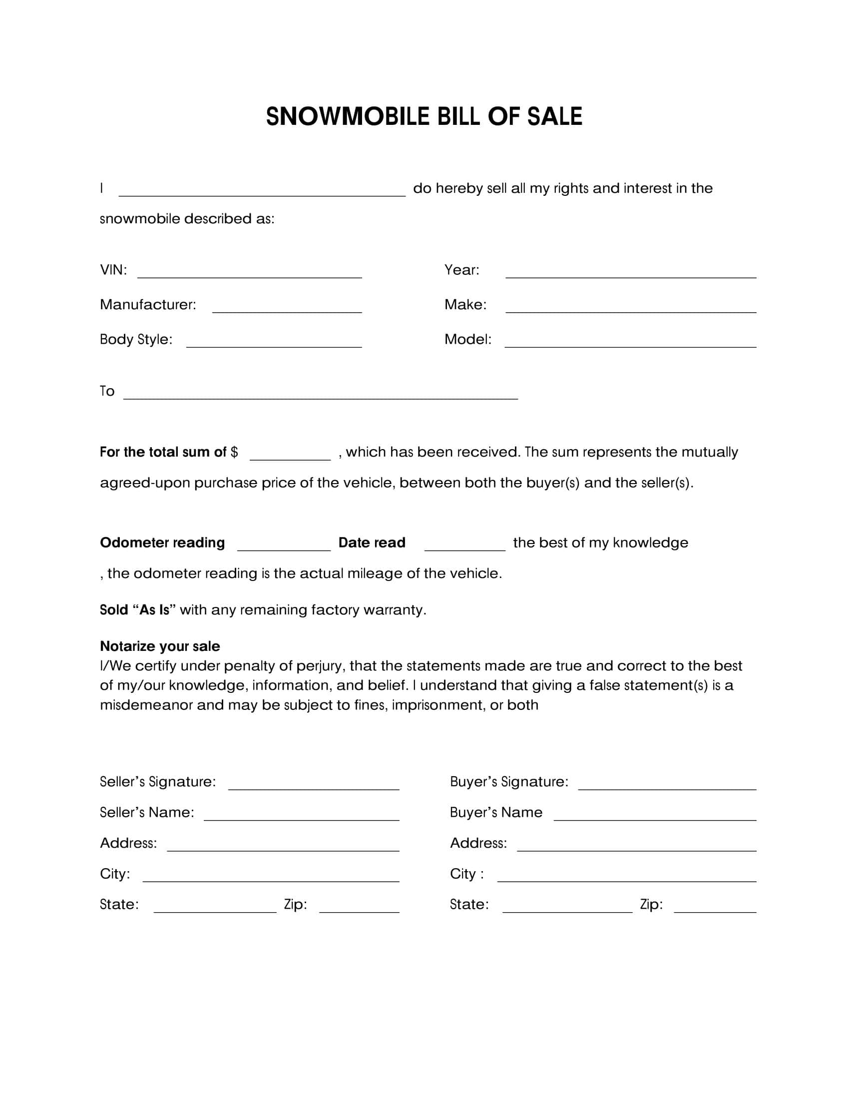 Fillable PDF Snowmobile Bill of Sale Fillable PDF Snowmobile Bill of Sale