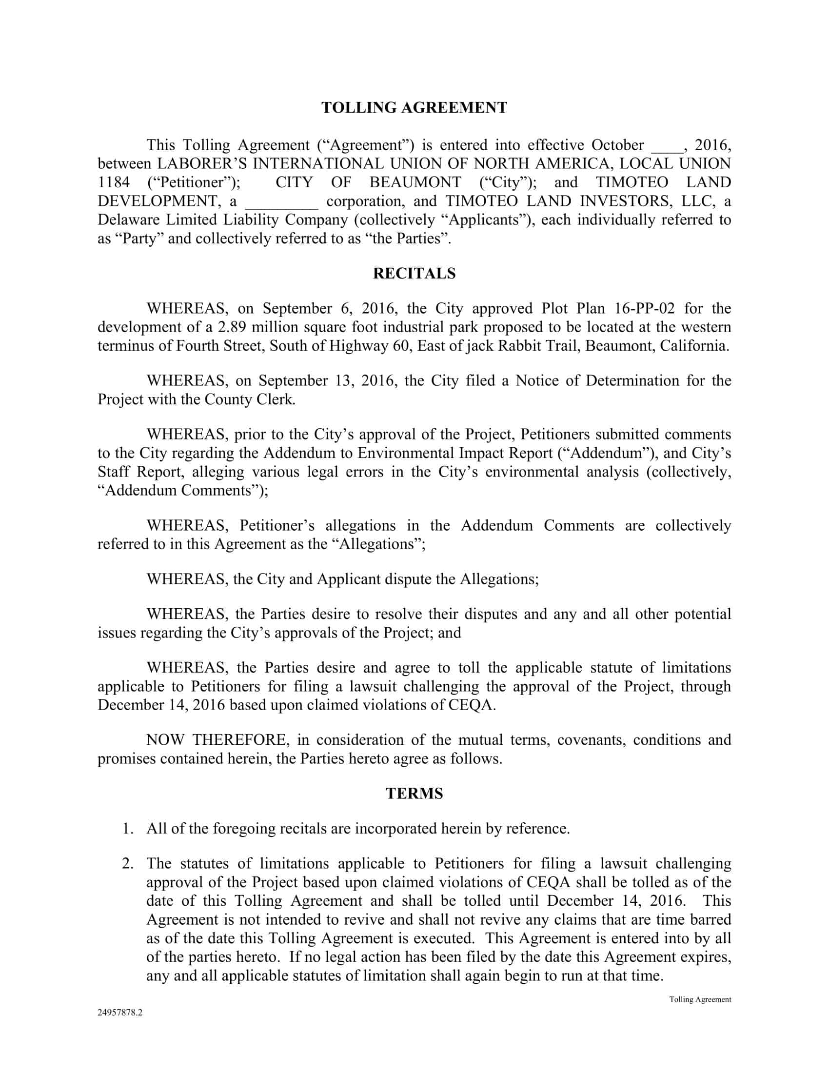 Fillable Tolling Agreement Fillable Tolling Agreement
