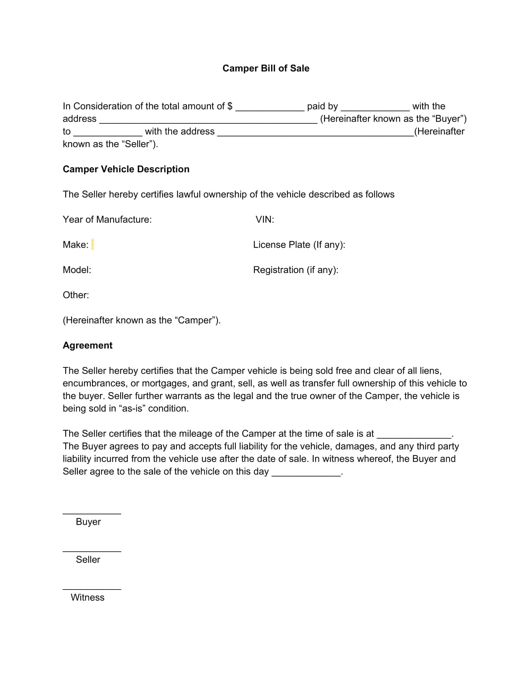 Fillable Word RV Bill of Sale Fillable Word RV Bill of Sale