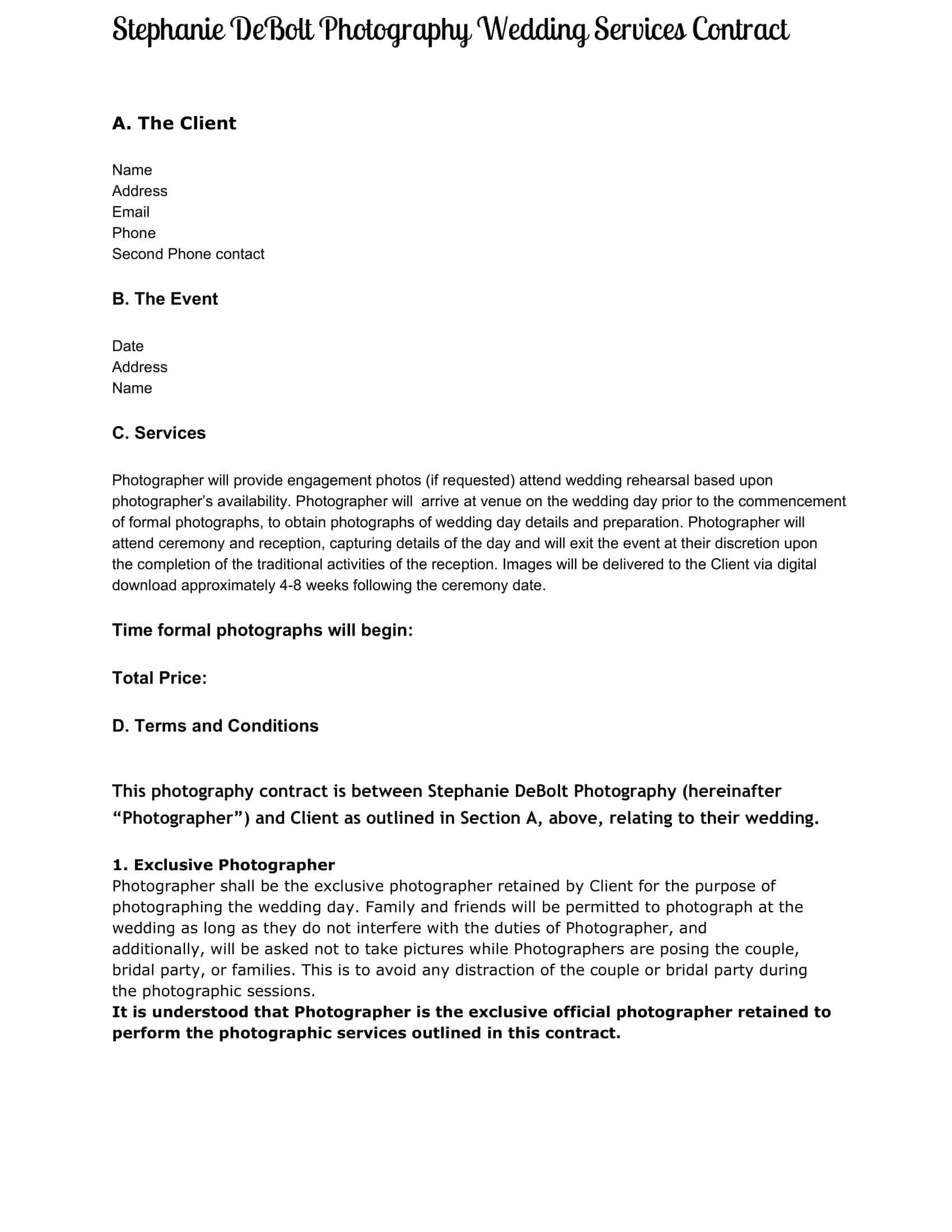 Fillable Word Wedding Photography Contract Fillable Word Wedding Photography Contract