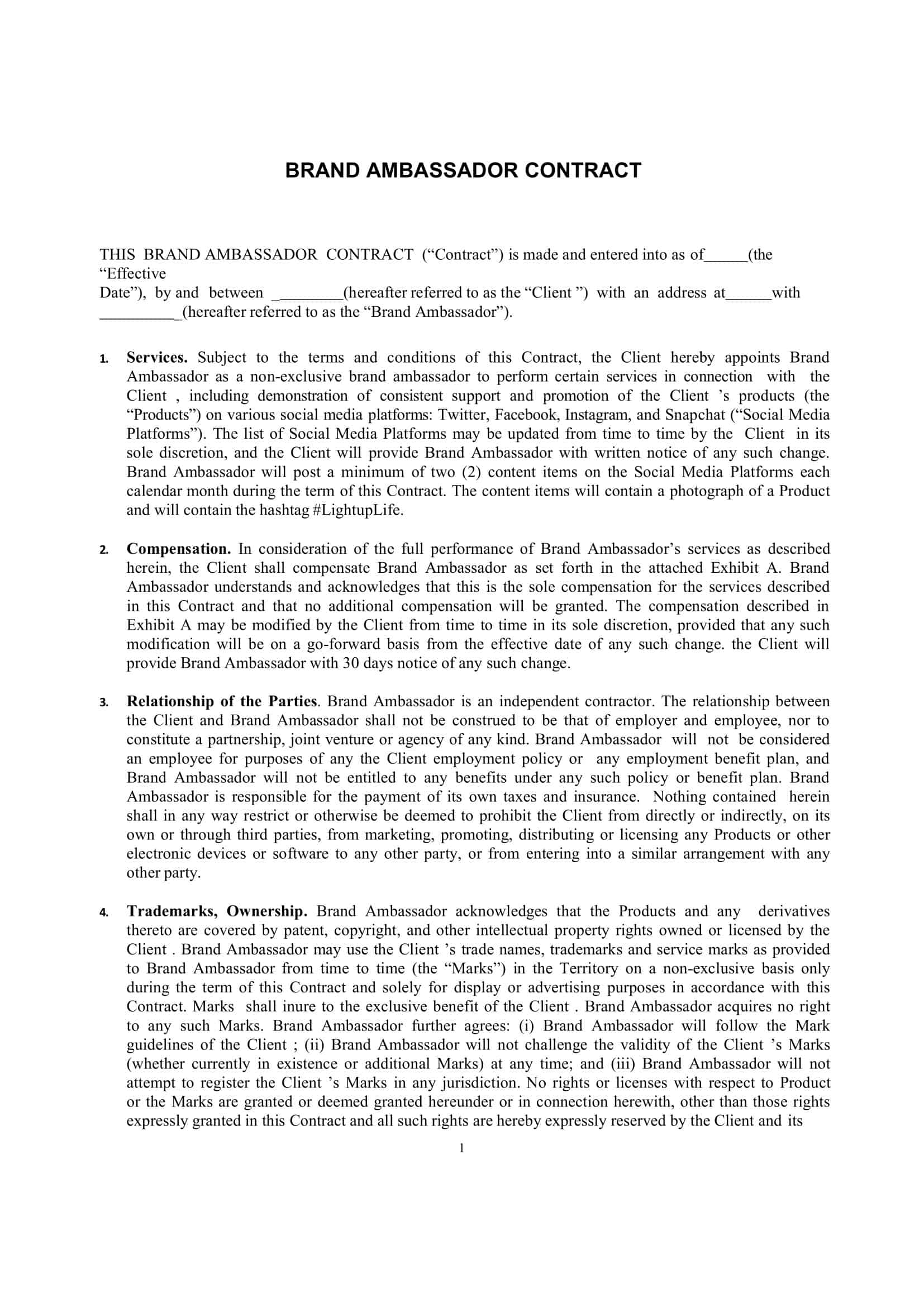 Free Downloadable Brand Ambassador Contract Free Downloadable Brand Ambassador Contract