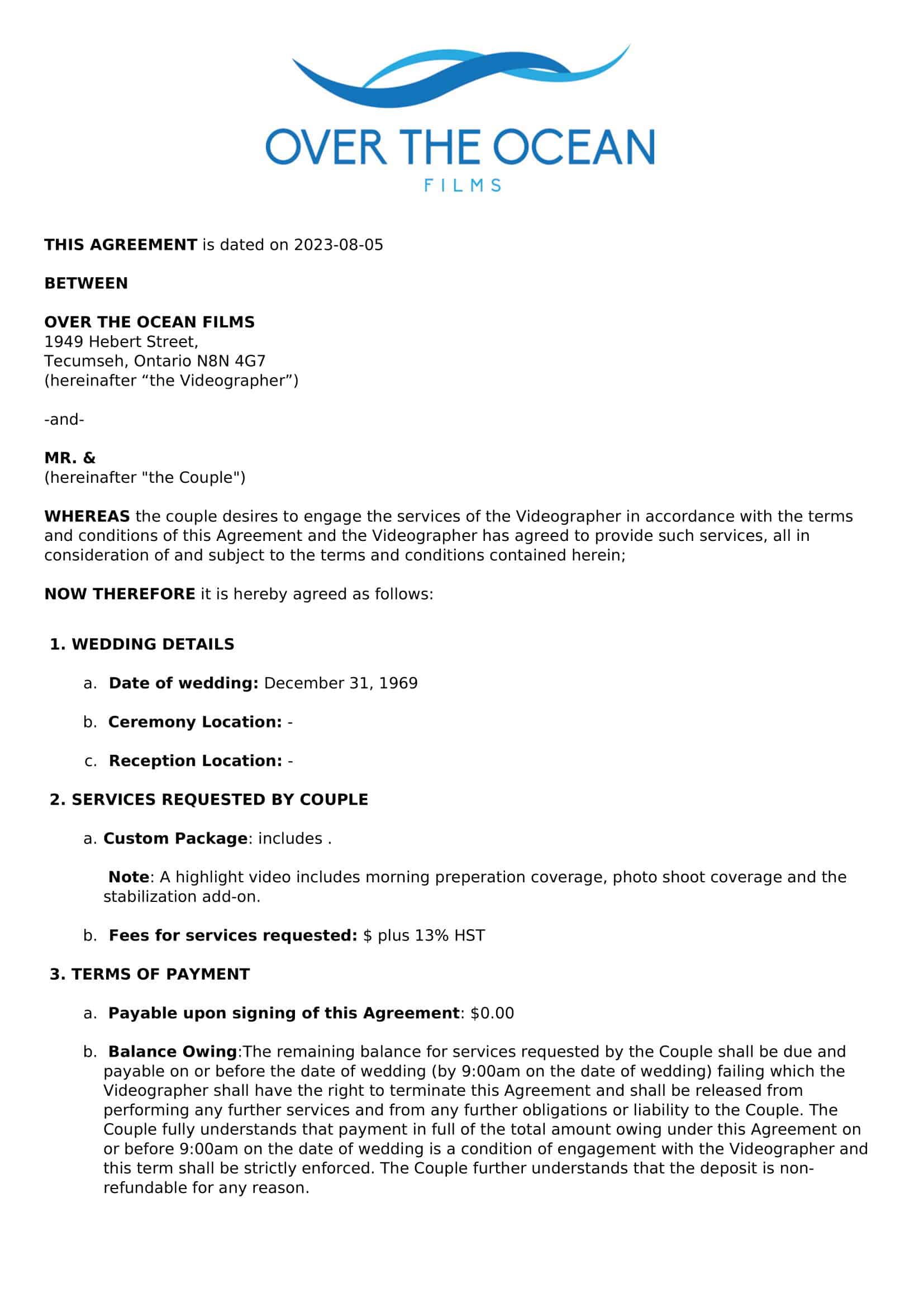 Free Downloadable Wedding Videography Contract Free Downloadable Wedding Videography Contract