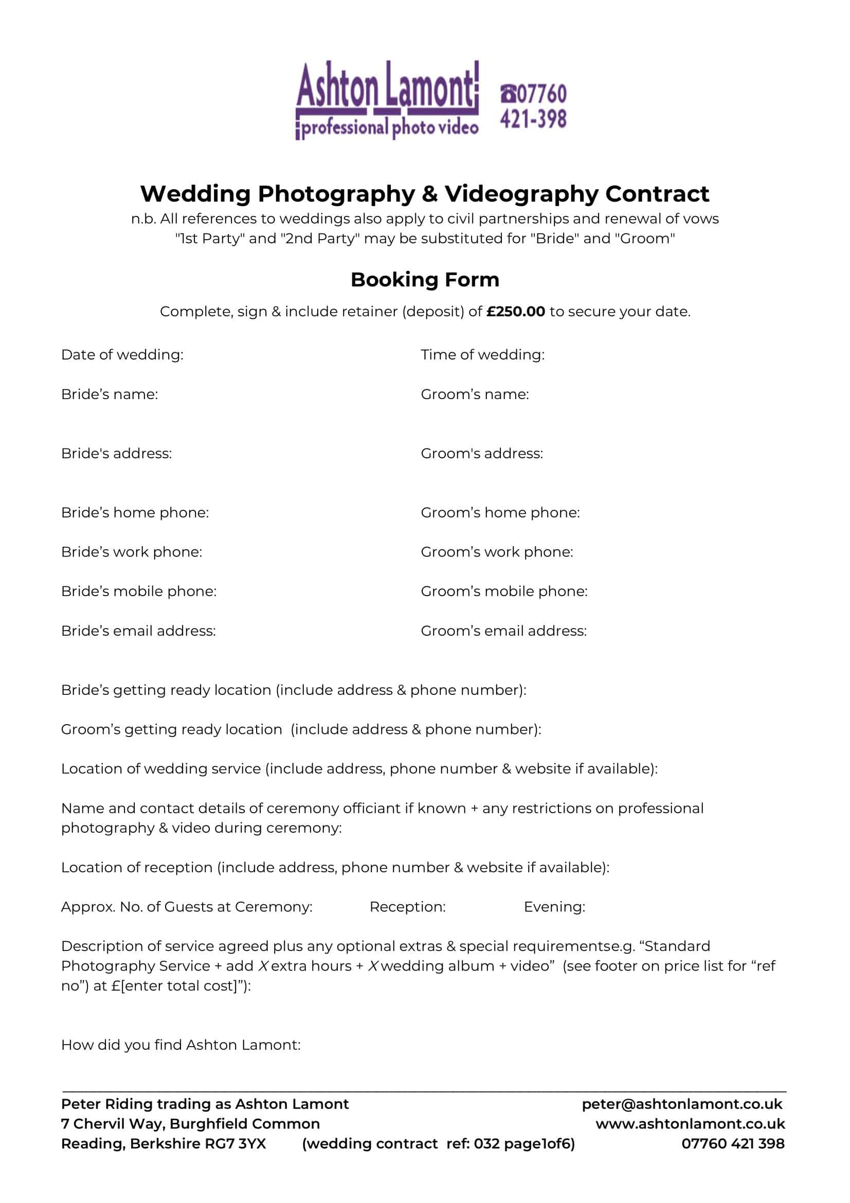 Free PDF Wedding Videography Contract Free PDF Wedding Videography Contract