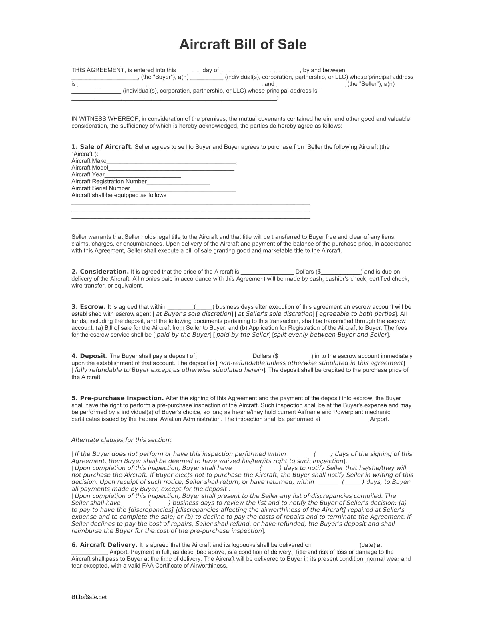 Free Printable Aircraft Bill of Sale Free Printable Aircraft Bill of Sale