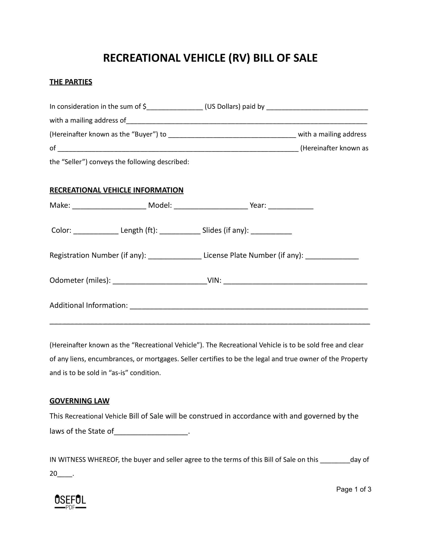 Free RV Bill of Sale Free RV Bill of Sale