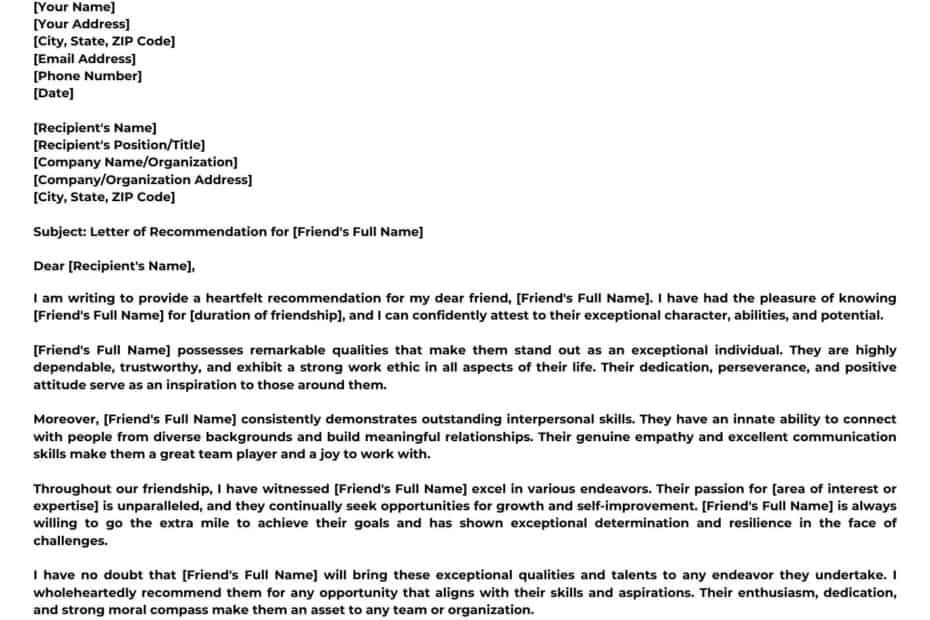 Letter of Recommendation For A Friend