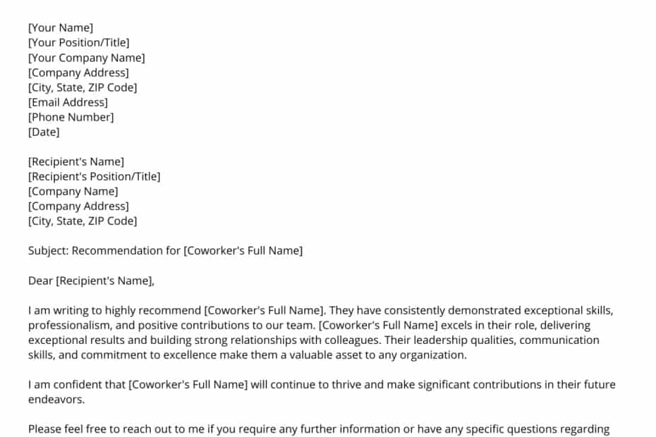 Letter of Recommendation for a Coworker