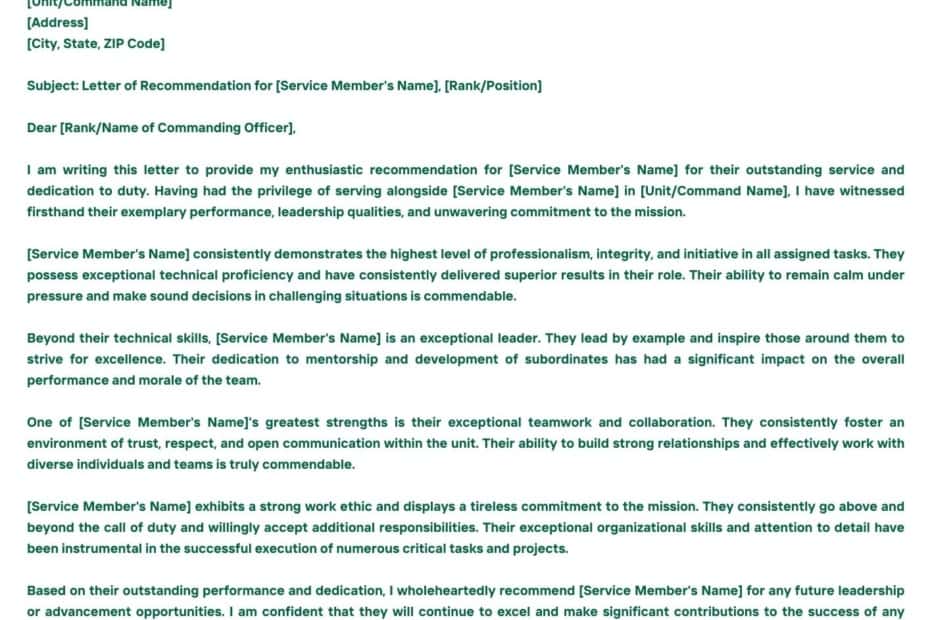 Military Letter Of Recommendation