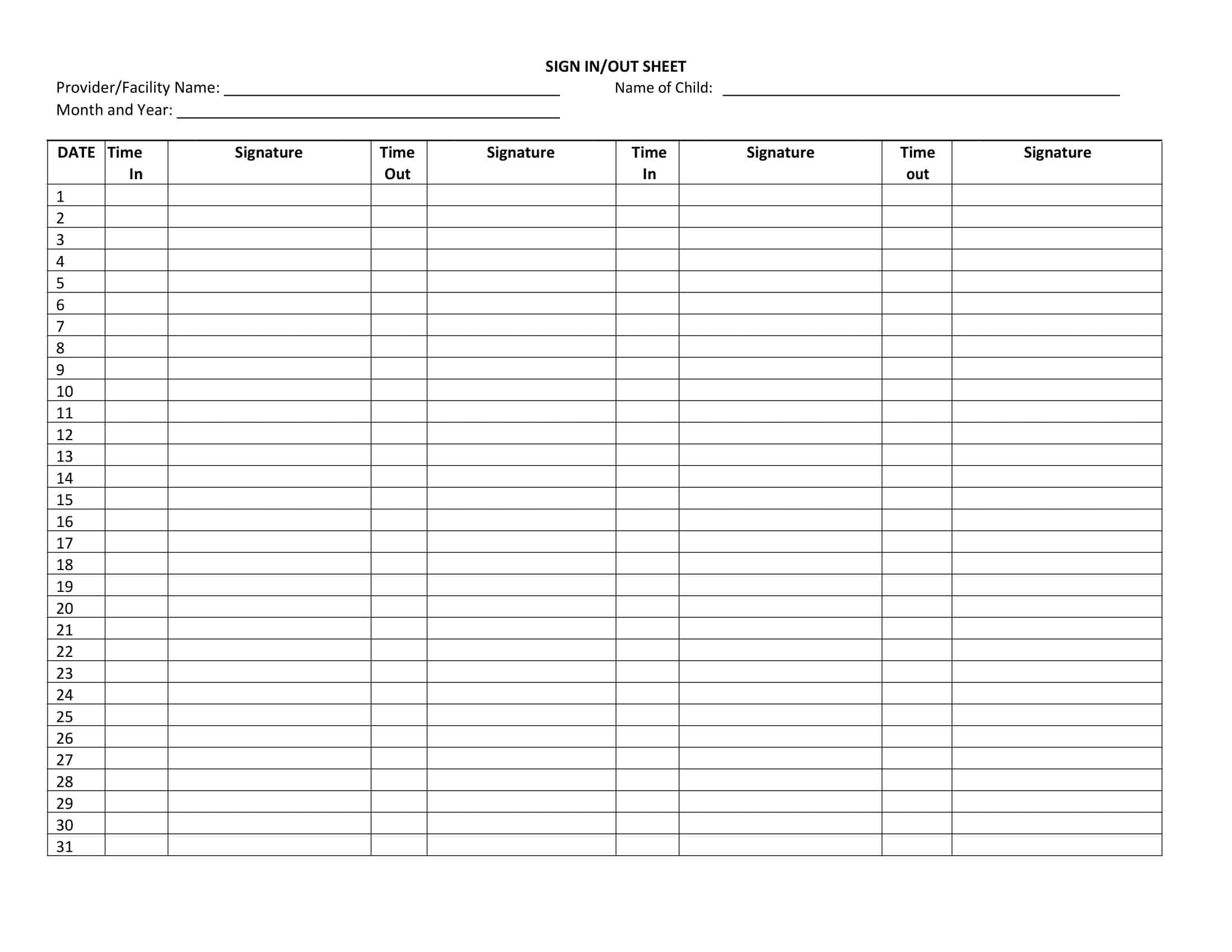 Free Printable Sign In And Out Sheet Templates PDF Word Excel
