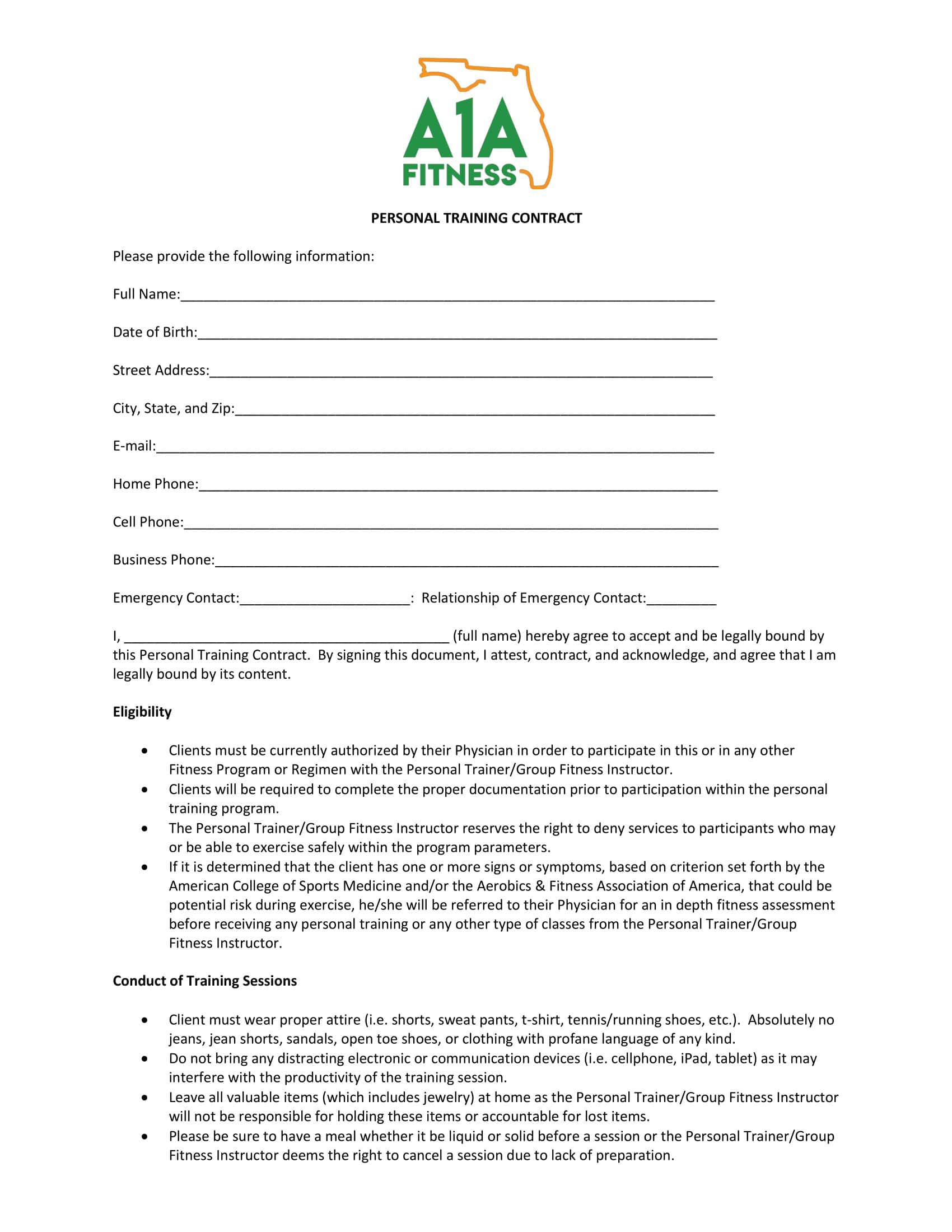 Free Printable Personal Training Contract Templates PDF Free Printable Personal Training Contract Templates PDF