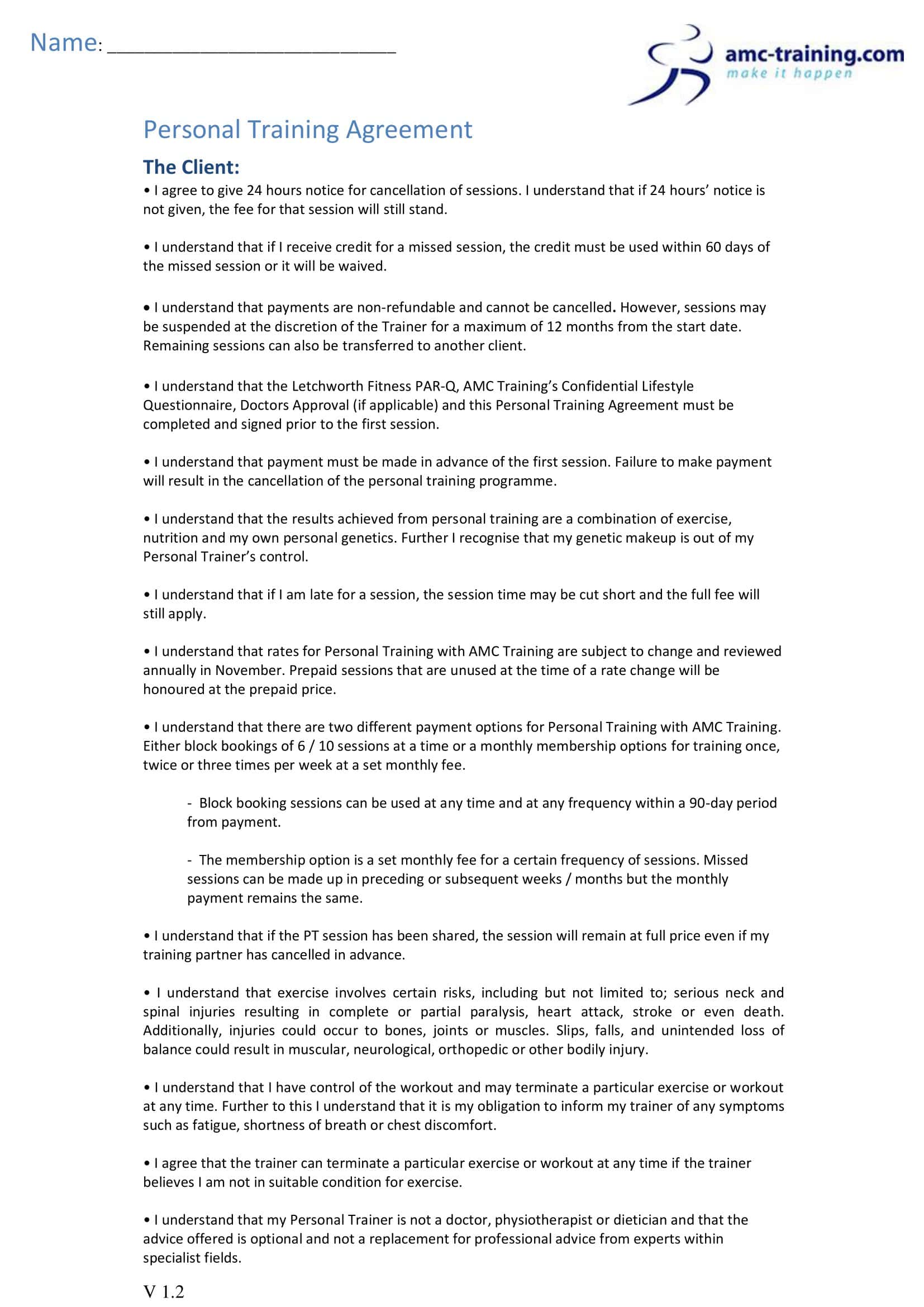 Personal Training Contract Example PDF Personal Training Contract Example PDF