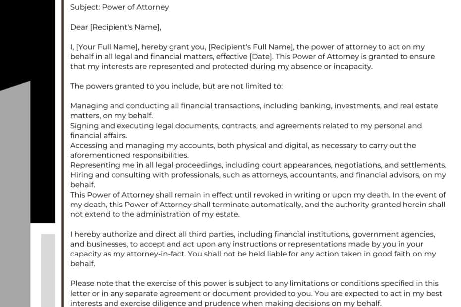 Power of Attorney Letter