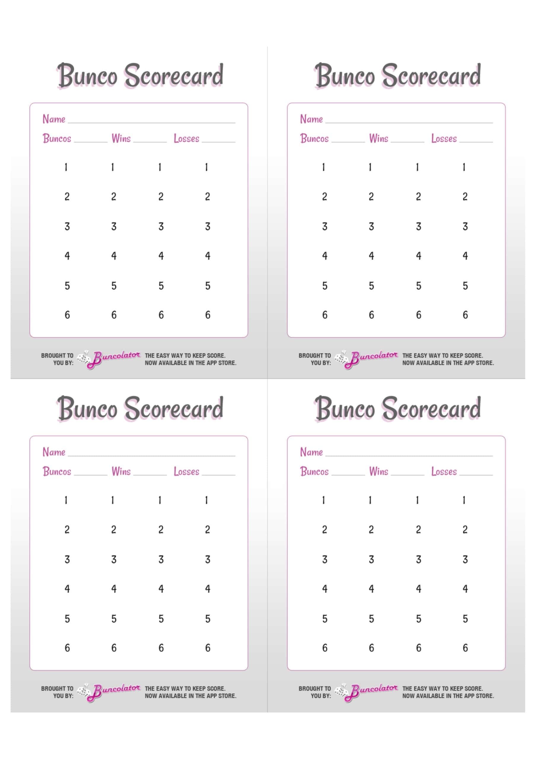 Printable Bunco Score Sheet Printable Bunco Score Sheet