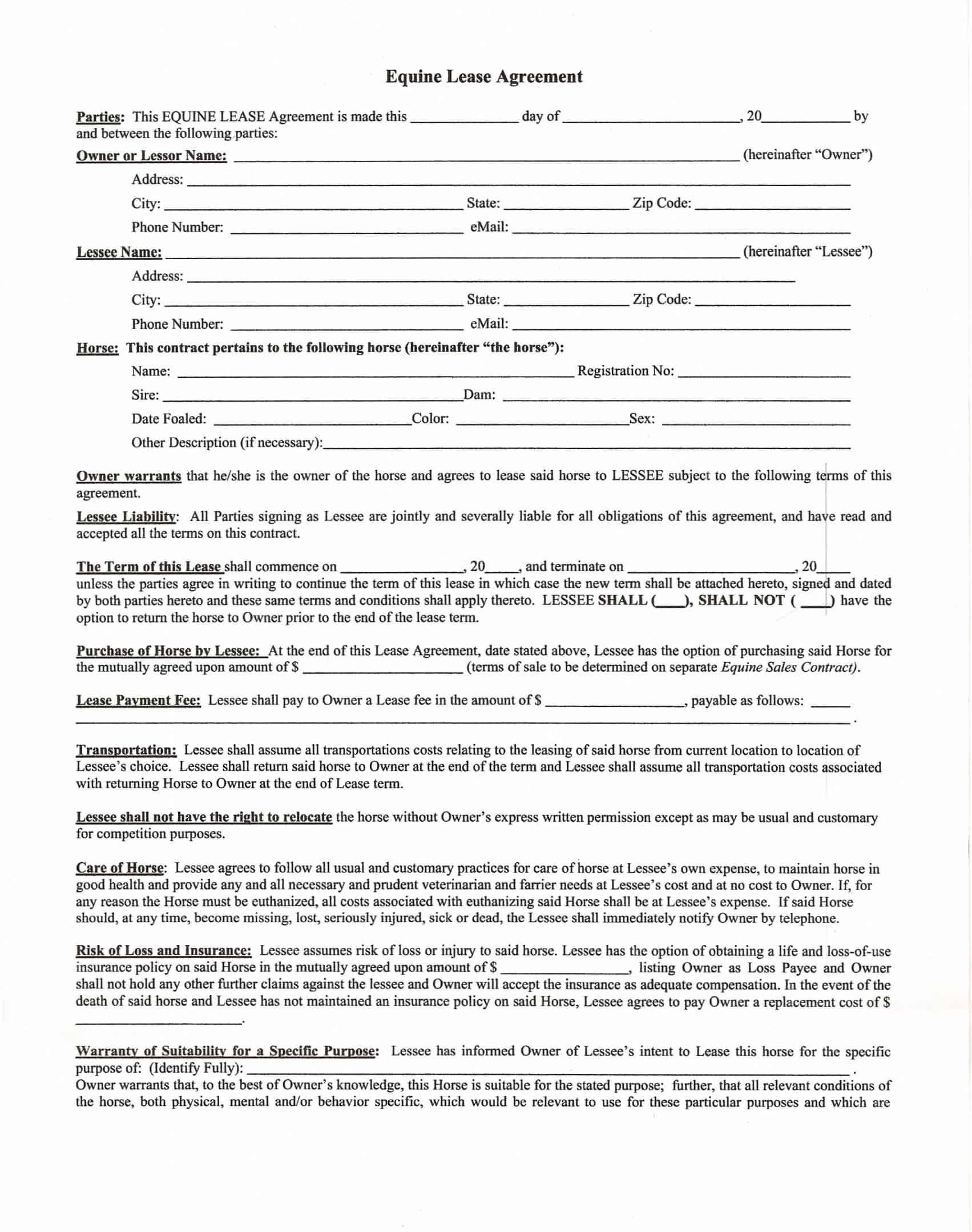 Printable Fillable Horse Lease Agreement Printable Fillable Horse Lease Agreement
